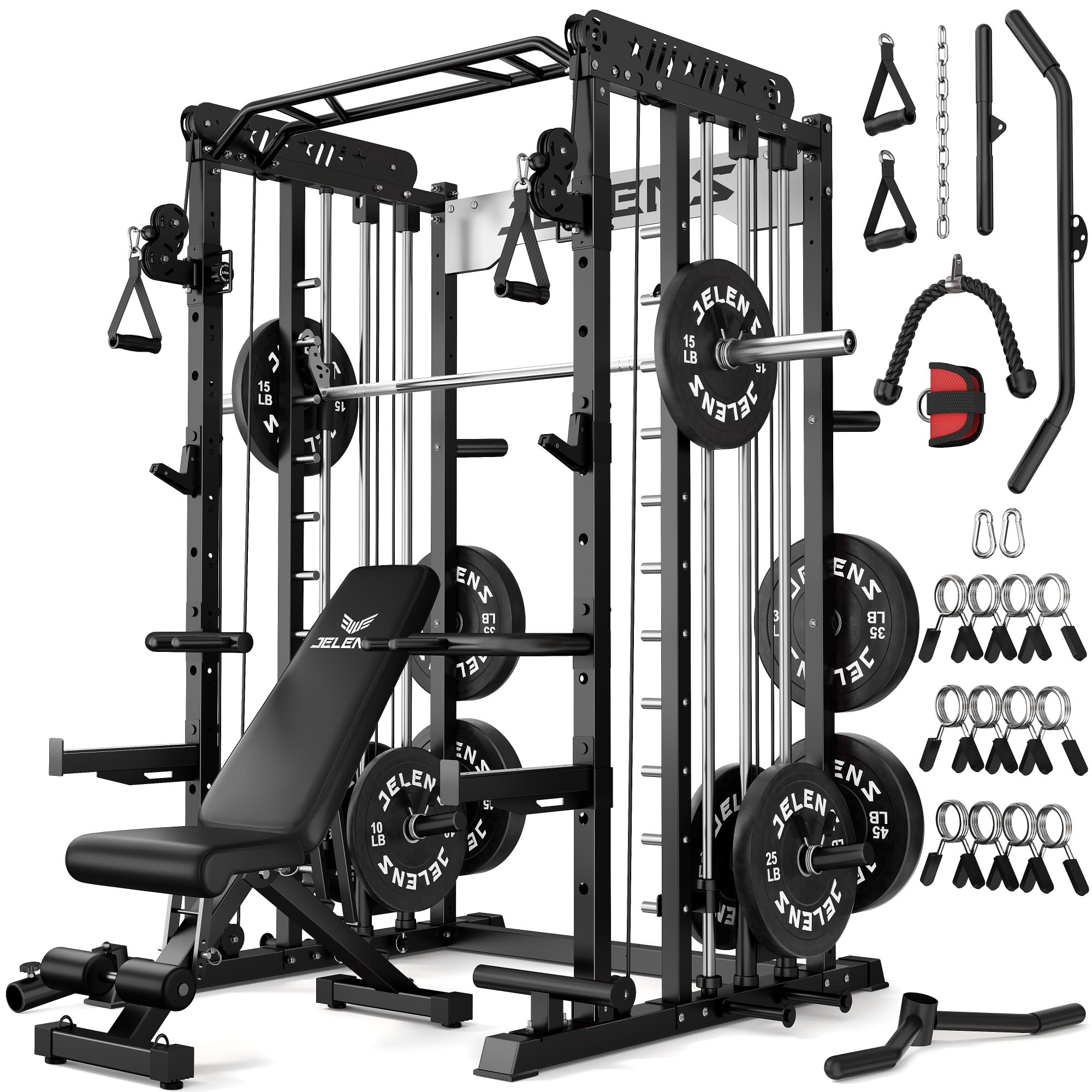 JELENS Smith Machine for Home Gym, Multi-Function M12 Power Cage with Cable Crossover System, Squat Rack with Smith Bar and More Attachment
