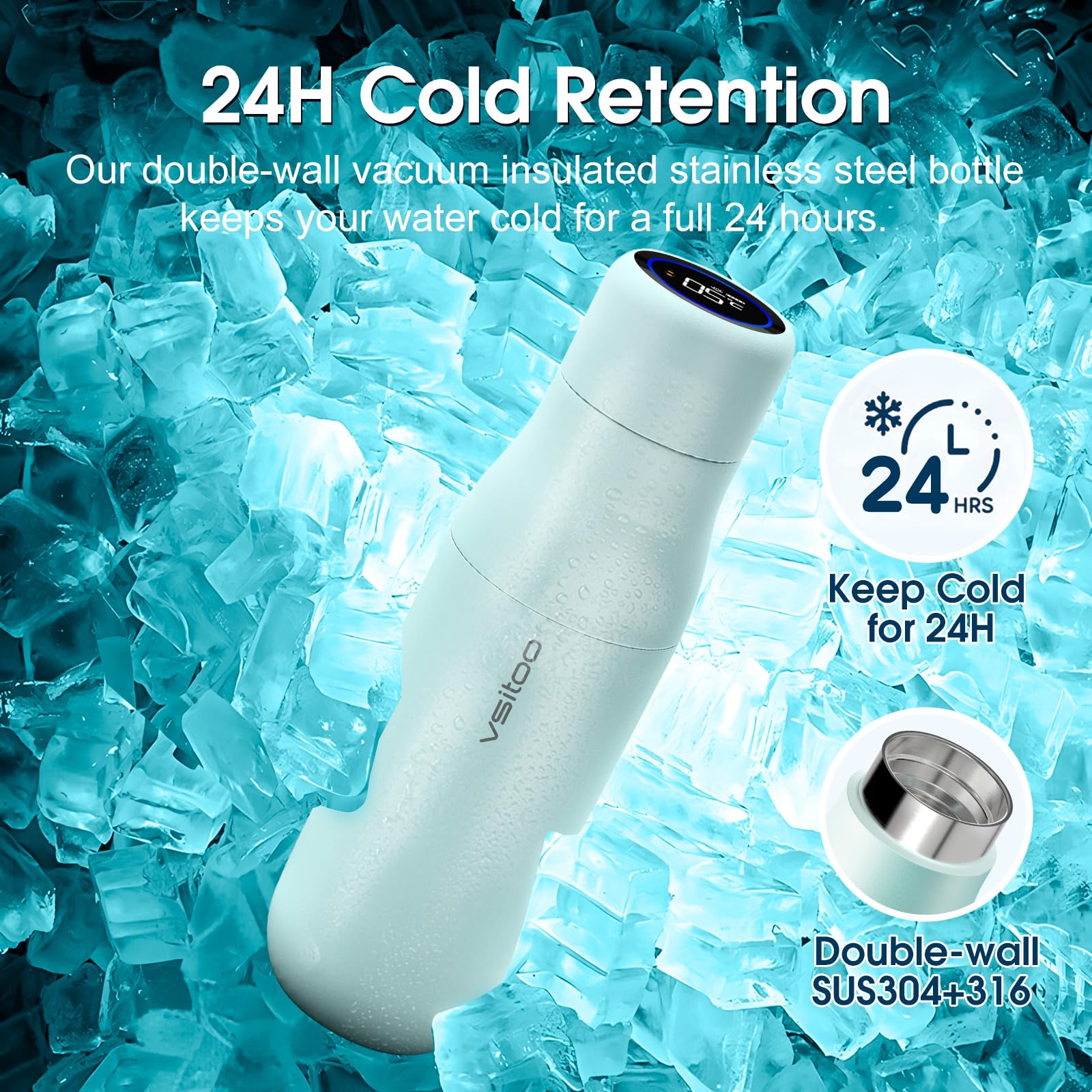 VSITOO 15oz Mini Smart Water Bottle，Self-Cleaning Insulated Bottle, Small Thermoses with AI, App & Touchscreen, Perfect Purse Water Bottle for Travel, Gym & Office, Pink
