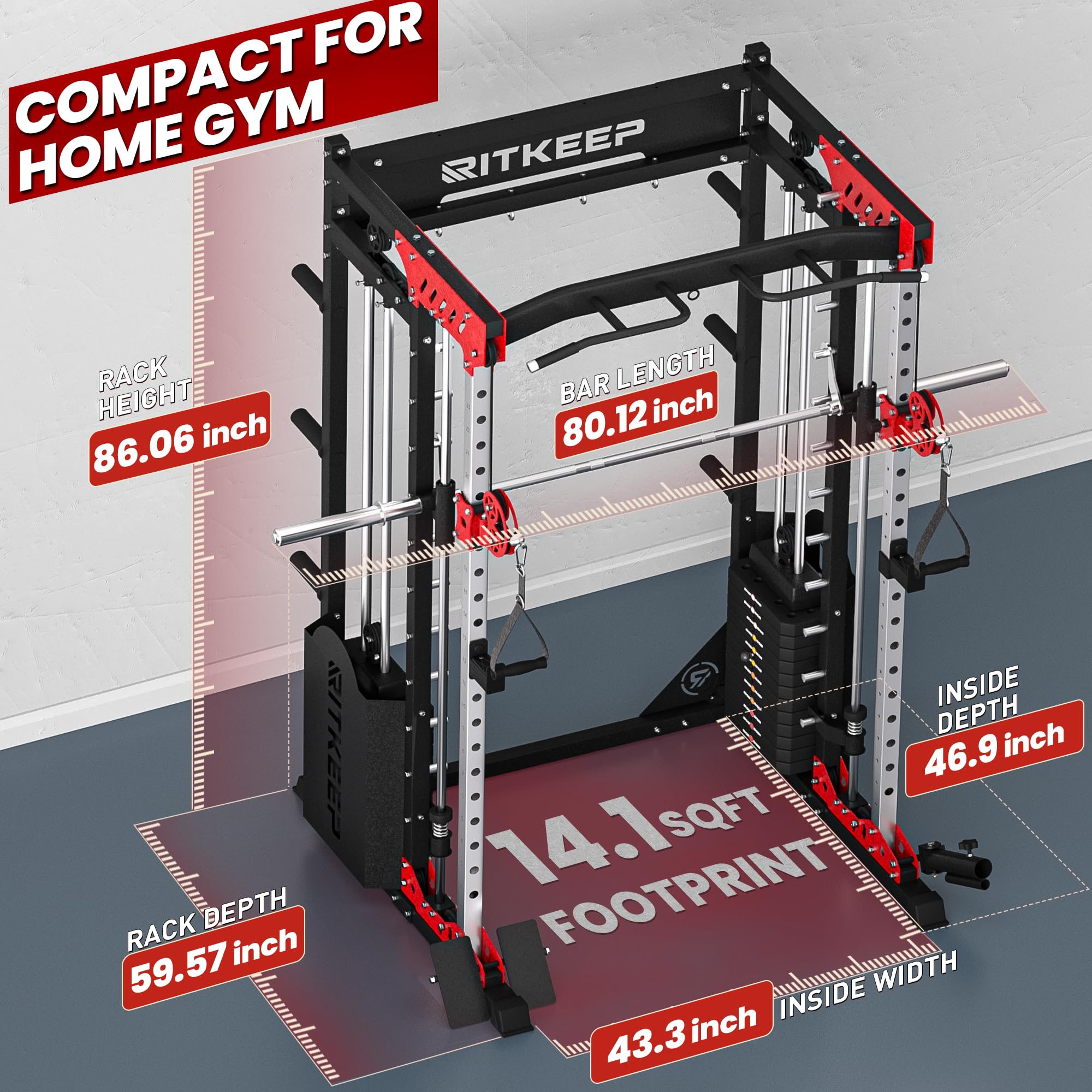 RitKeep PMAX-5600 Pro Heavy-Duty Smith Machine Squat Rack with 320 LB Weight Stacks, 6-in-1 Multi-Function Home Gym System, Dual Cable Crossover and 2000 LB Capacity for Full-Body Strength Training