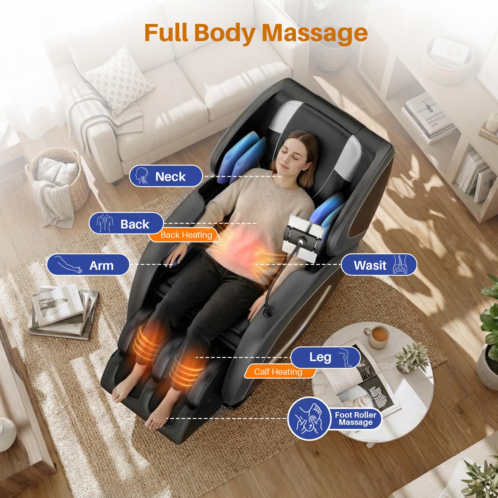 Massage Chair Full Body, Zero Gravity Recliner Massage Chair with Back Heat, 8 Fixed Rollers, Foot Massage, Airbags, Touch Screen for Home and Office