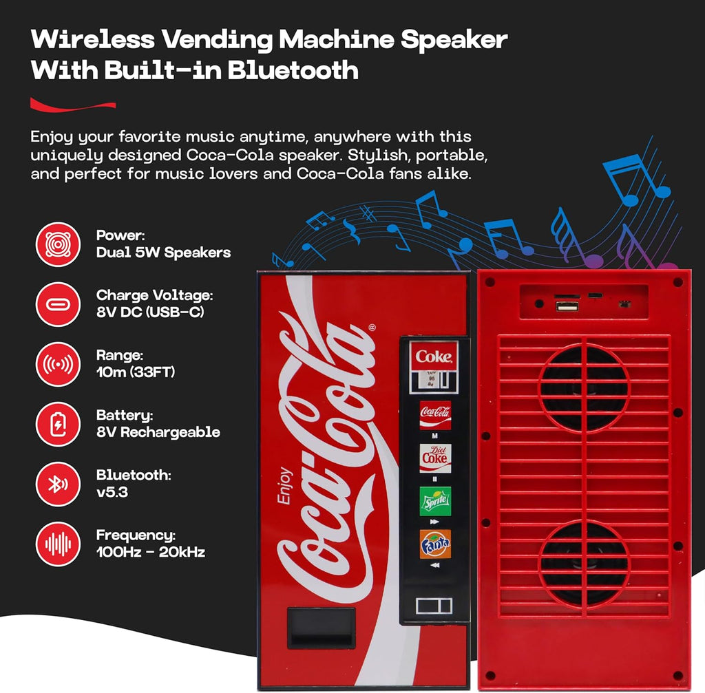 Coca-Cola Vending Machine Bluetooth Speaker, Dual 5W Speakers, Wireless Bluetooth v5.3, FM Radio, USB/MicroSD Playback, AUX Input, 10m Range, Rechargeable Battery, LED Indicator, Coca-Cola Licensed