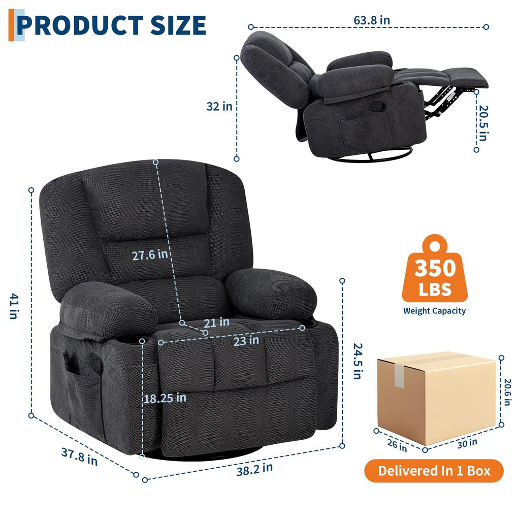 Oversized Wide Recliner Chair with Vibration Massage and Heat, 360° Swivel Recliner Glider for Adults,Chenille Fabric Manual Reclining Single Sofa with Cup Holders & Side Pockets for Living Room,White