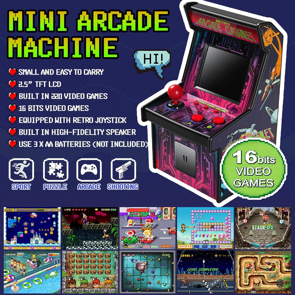 16 Bit Mini Arcade Machine Handheld Games Console for Kids Adults, 8-Way Joystick, 2.5'' Large Screen, 220 Built-in Classic Video Games, Gift for Kids