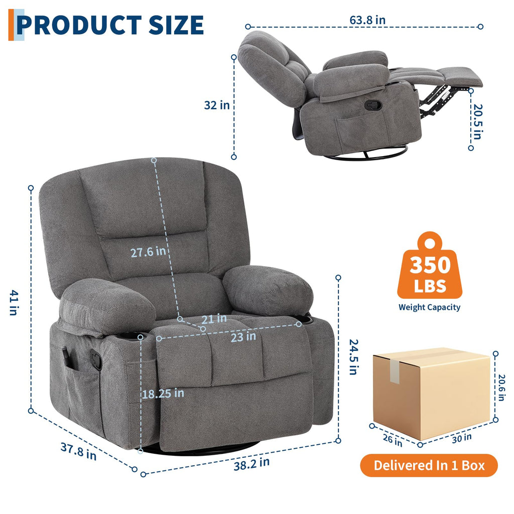 Oversized Wide Recliner Chair with Vibration Massage and Heat, 360° Swivel Recliner Glider for Adults,Chenille Fabric Manual Reclining Single Sofa with Cup Holders & Side Pockets for Living Room,White