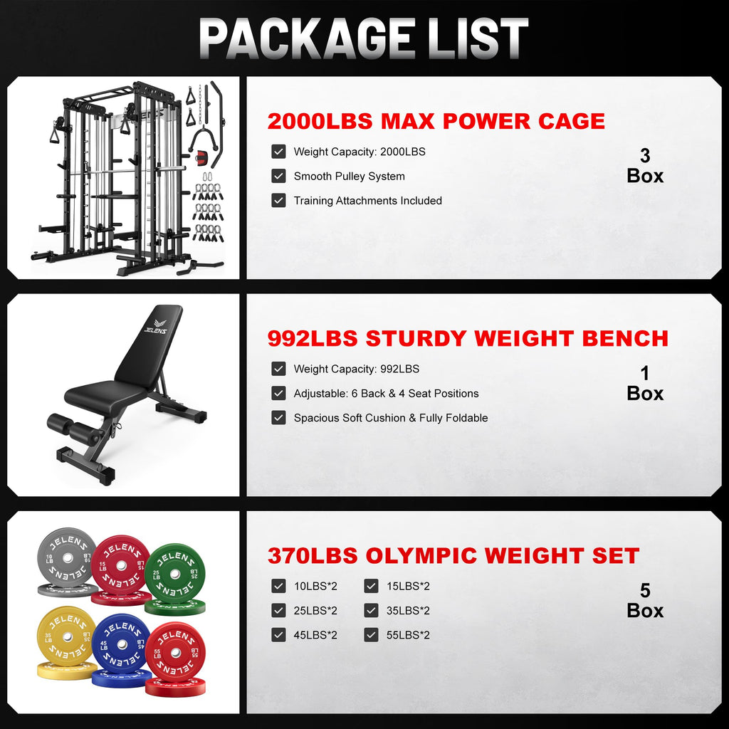JELENS Smith Machine for Home Gym, Multi-Function M12 Power Cage with Cable Crossover System, Squat Rack with Smith Bar and More Attachment