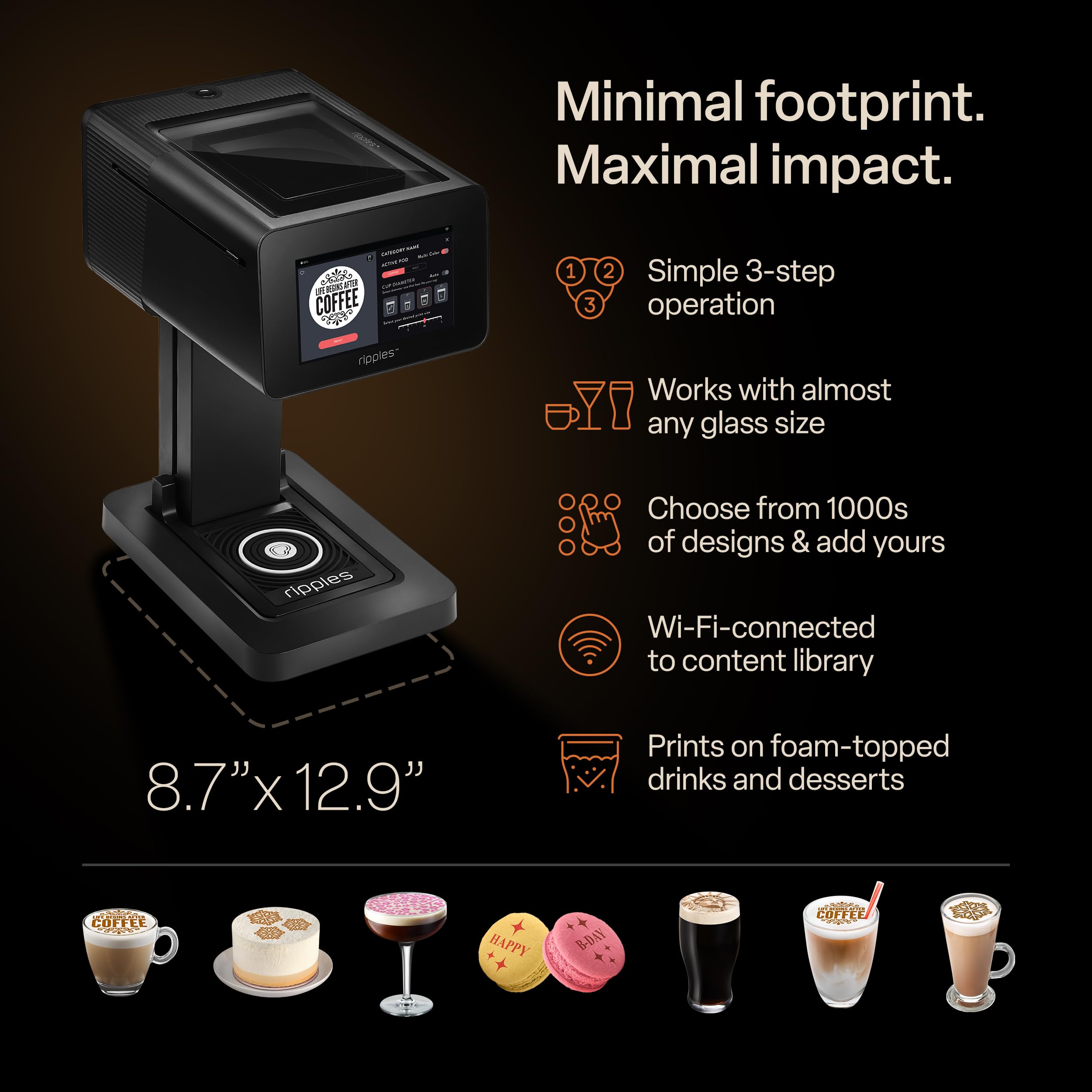 Ripples The Original Maker II, Print on Beverage Foam and Desserts, Plant-Based Ingredients Only, Selfie and Personalized Designs (Machine + Chameleon Pod)