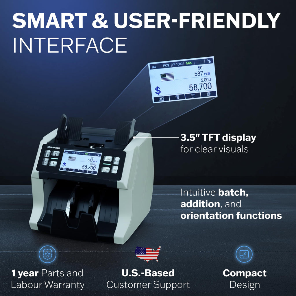 Carnation Money Counter Machine Cash Counting & Mixed Denomination Bill Counter, Portable Currency Detector, Counterfeit Bank Scanner, Dollar Sorter for Commercial, 1100 N/M, UV/MG/MT/IR/2CIS