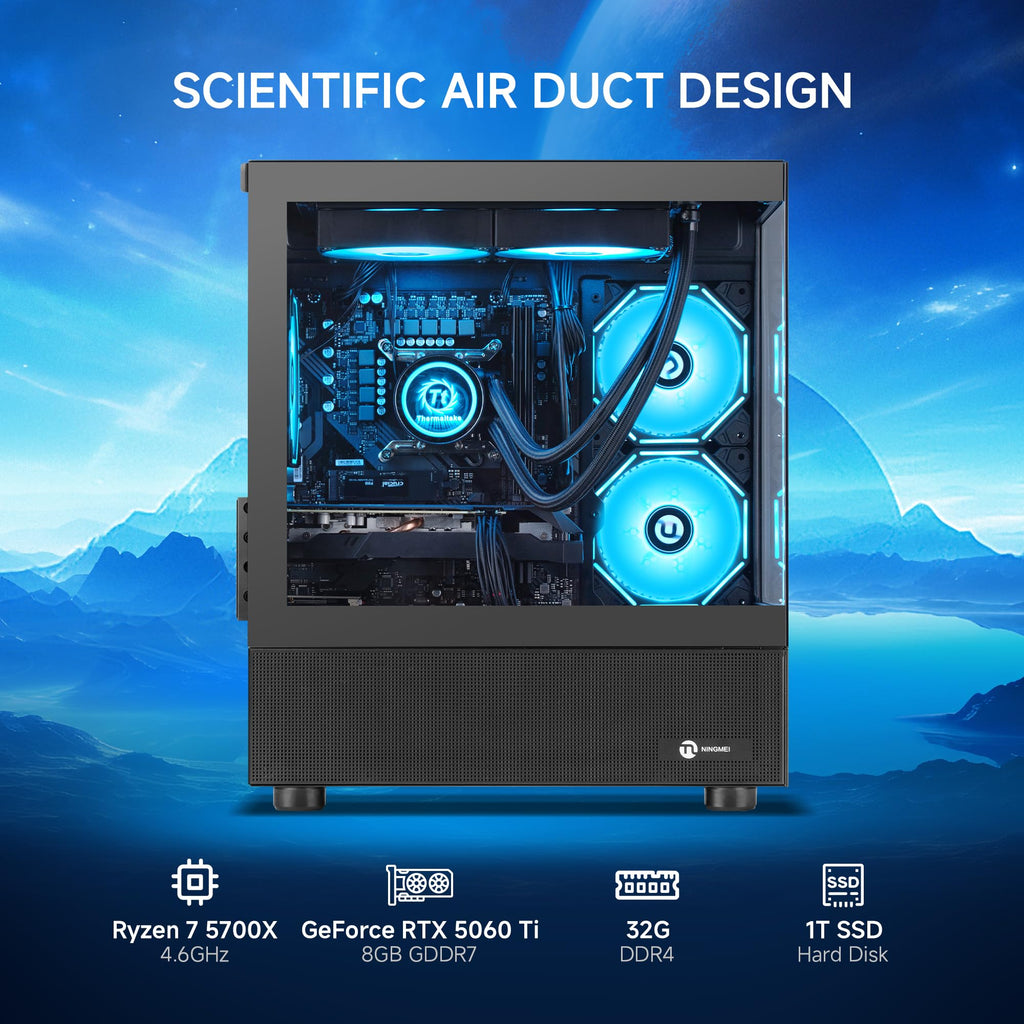 NINGMEI Prebuilt Gaming PC AMD Ryzen 7 5700X RTX 5060 8GB | 32GB DDR4 RAM 1TB Gen4 NVMe M.2 SSD,650W PSU WiFi Ready & Windows 11 Home Gaming Desktop Computer Black
