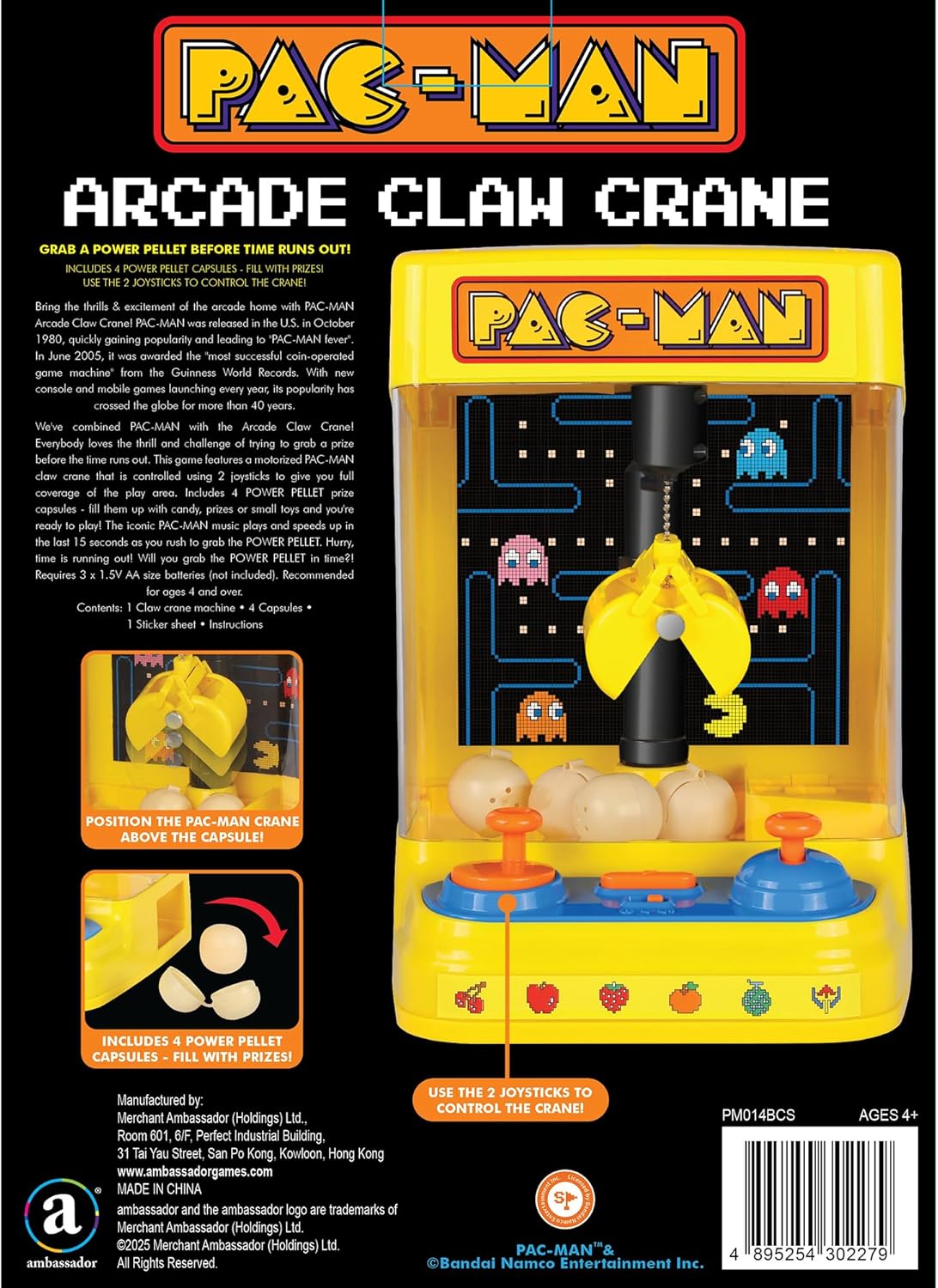 Pac-Man: Arcade Claw Crane - Core Series, Lights-Sounds Tabletop Game, Dual Joystick, Fill Pellets with Prizes, Licensed Collectible Toy, Adult-Kid 4+
