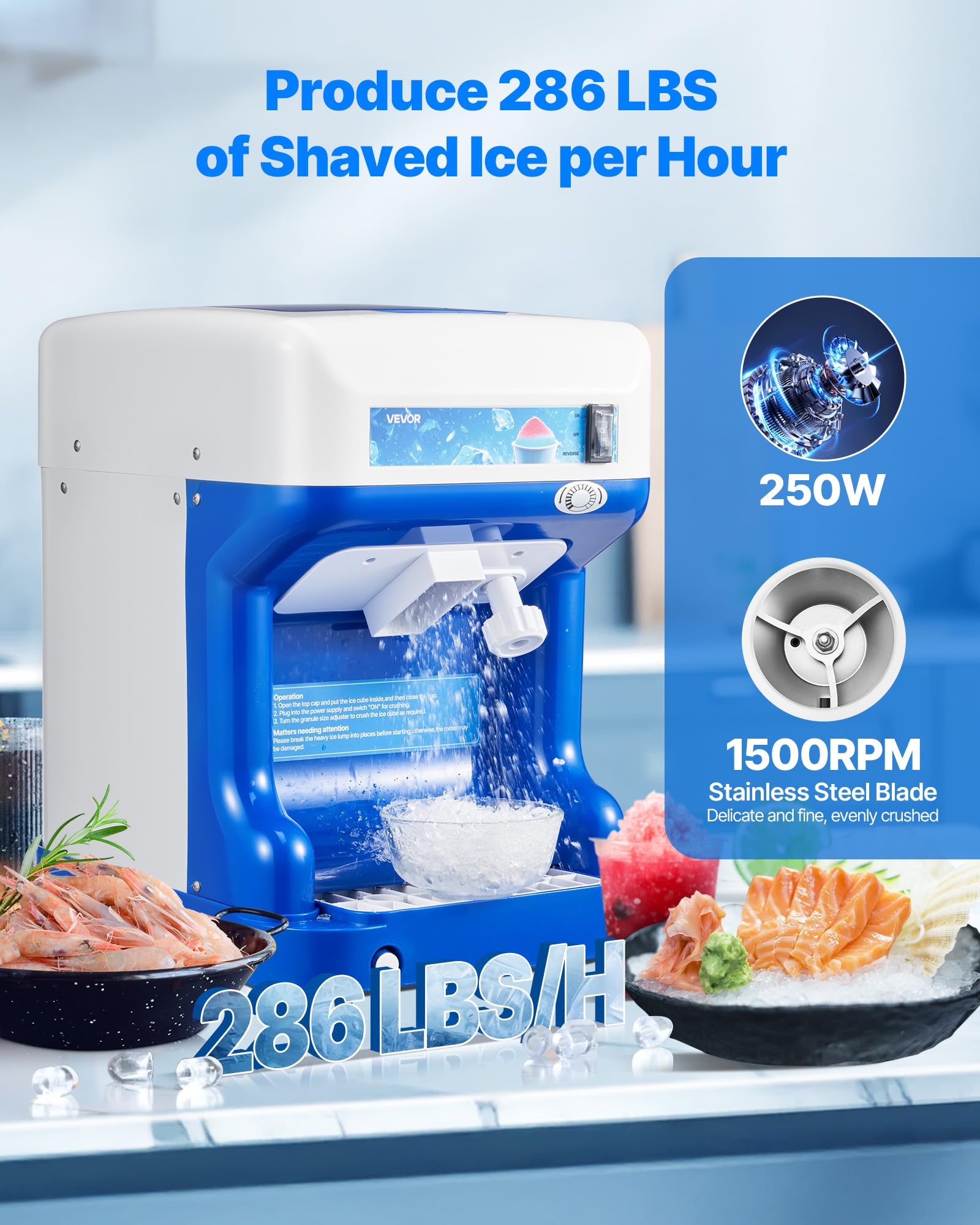 VEVOR Ice Shaver Machine Electric Snow Cone Machine, 265 LBS/H Shaved Ice Machine 250W Ice Crusher Triple Blades Tabletop Shaved Ice Maker with Adjustable Fineness for Home and Commercial Use