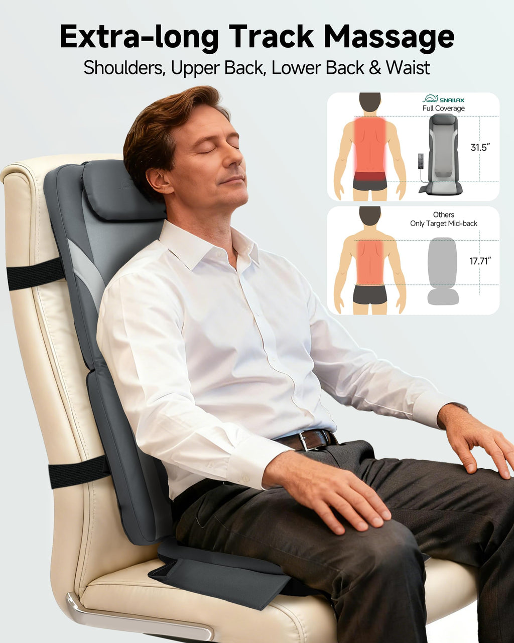Snailax Back Massager for Full Back Pain Relief Deep Tissue, Long Track Dual 3D Shiatsu Rollers 3 Height Settings Foldable Massage Chair Pad with Heat, Vibration Heated Seat Cushion, Gifts for Mom Dad