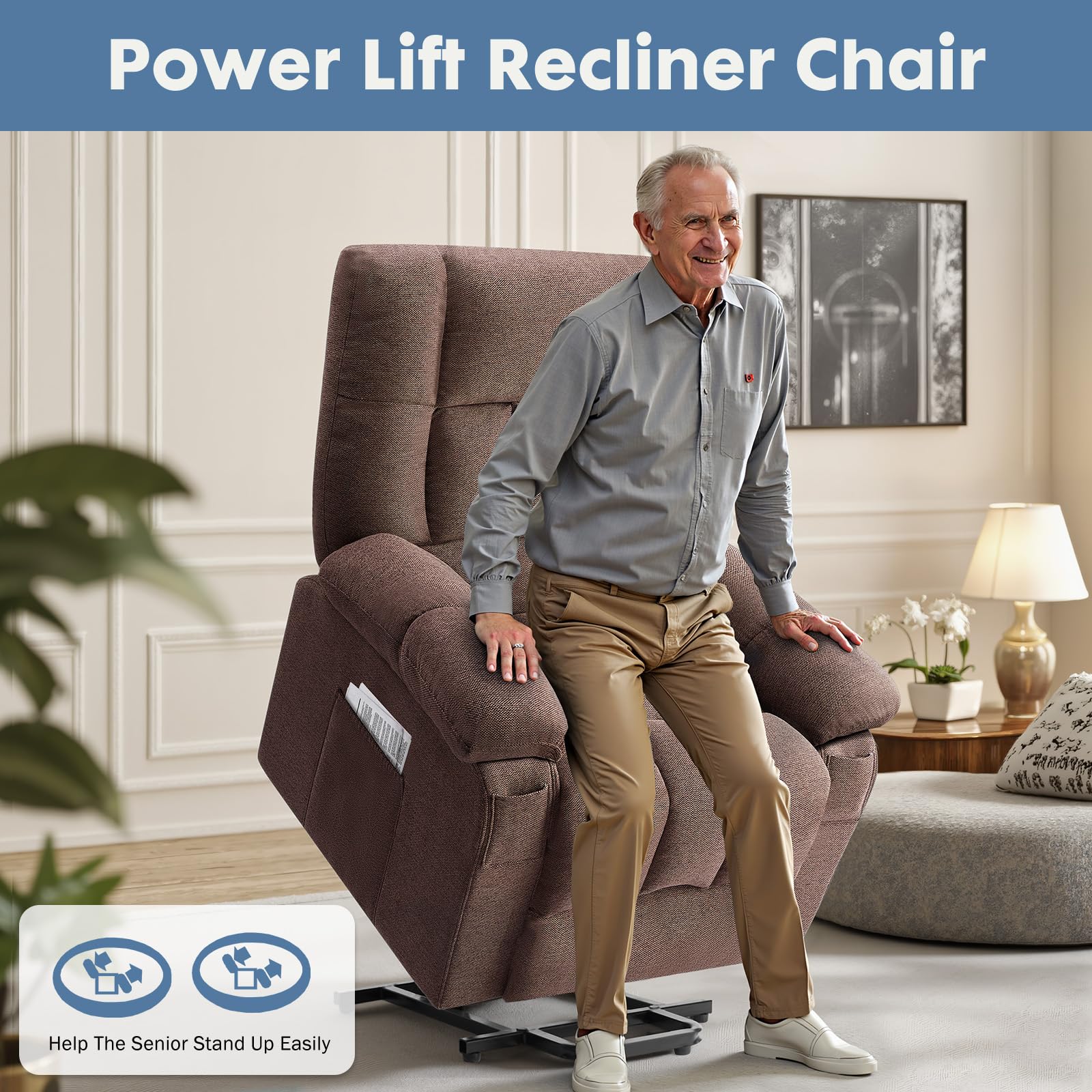 DUMOS Rocker Recliner Chair, Swivel Recliner with Vibration Massage & Lumbar Heating, 270° Rotating Chenille Fabric Recliner with footrest for Living Room & Bedroom, Grey