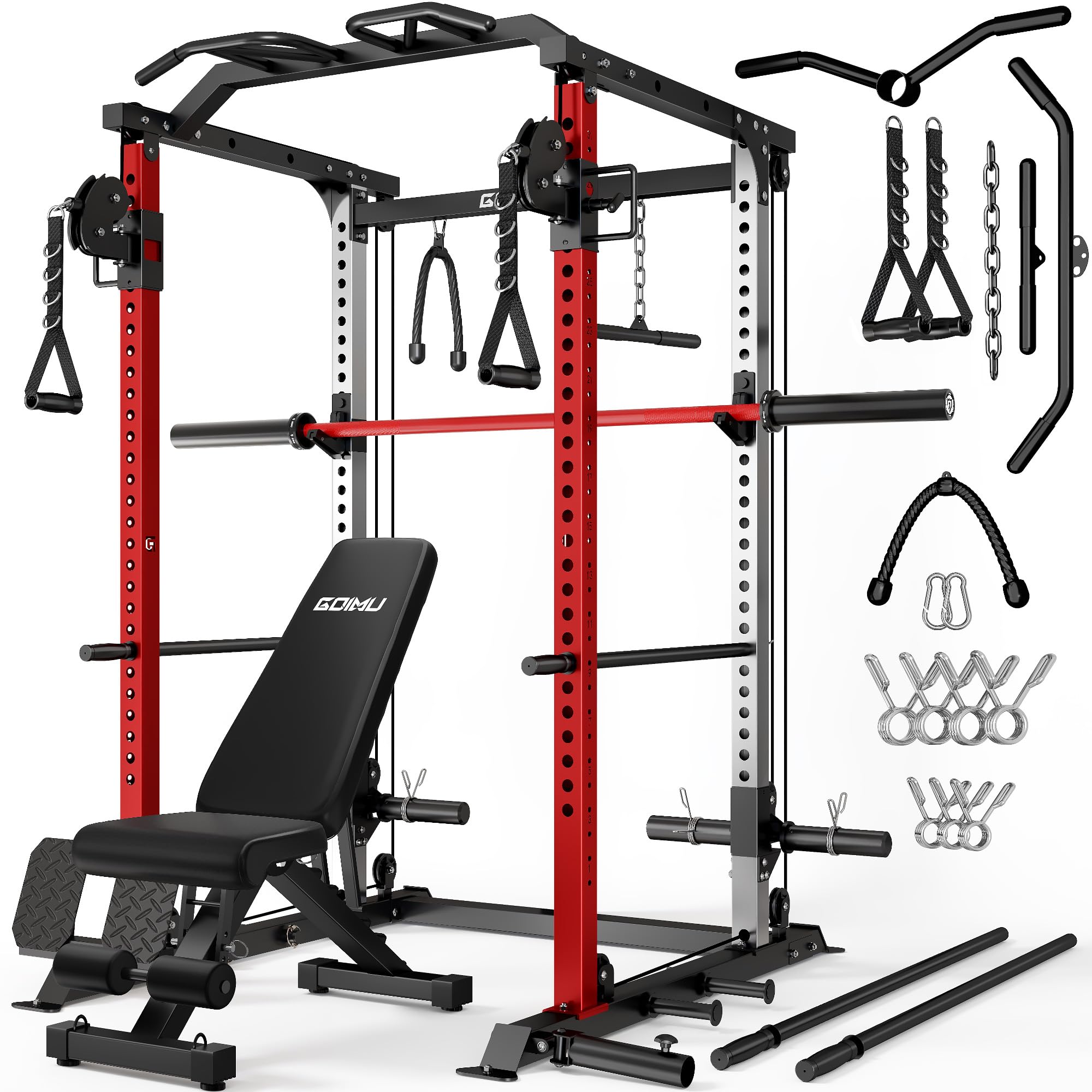 DP01 Power Cage, 2000LBS Squat Rack with with Cable Crossover and Dual Independent Pulley System, Full Cage for Full Body Training, Power Rack with More Training Attachments for Home Gym