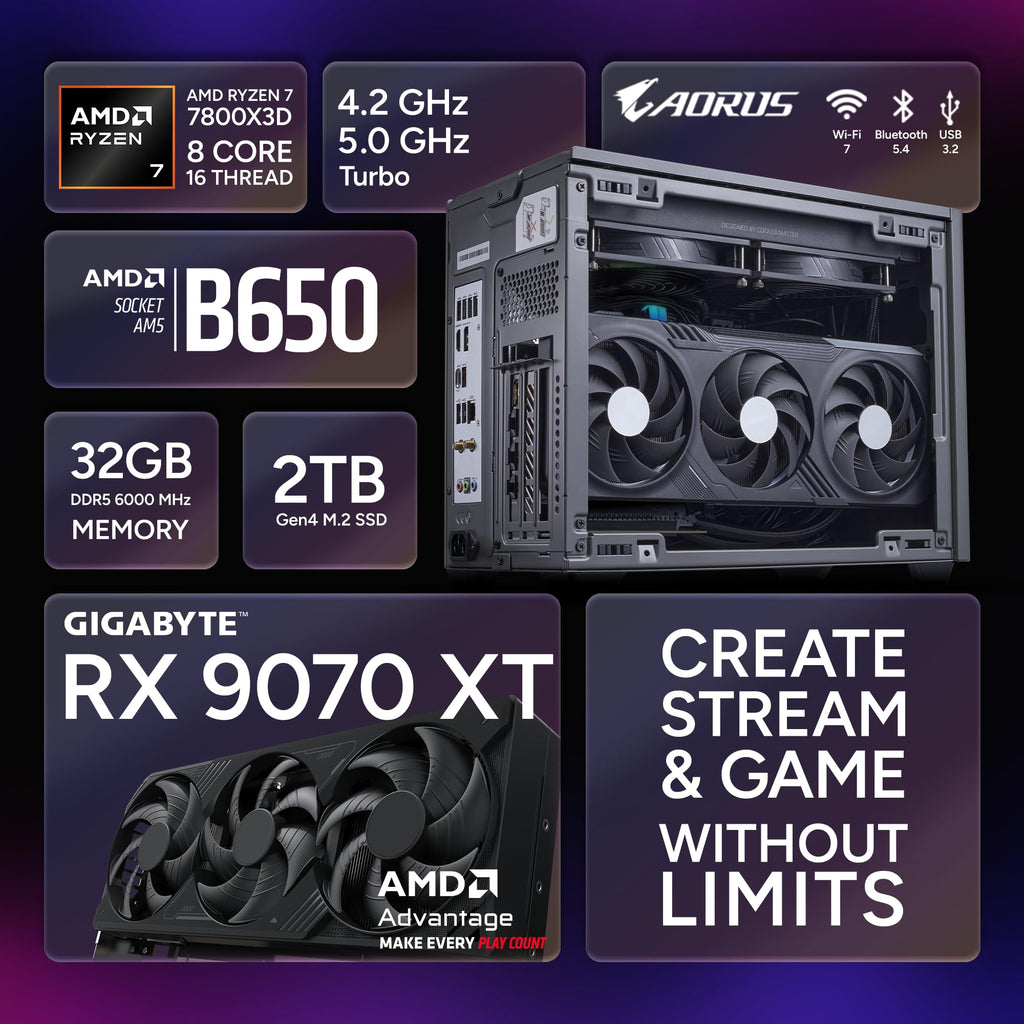 Cooler Master NR2 Pro Gaming PC – AMD RYZEN 7 7800X3D, NVIDIA GeForce RTX 5070 12GB, 32GB DDR5 6000MHz, 2TB Gen4 M.2, Windows 11, V850 SFX Gold PSU, Compact Mini ITX Desktop PC