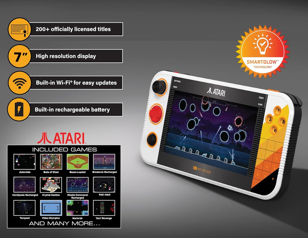 My Arcade Atari Gamestation Go: Rechargeable Battery, Over 200+ Preloaded Retro Video Games Including Pac-Man, Recharged, & Balls of Steel, Wi-Fi, Smartglow, 7 Inch Display