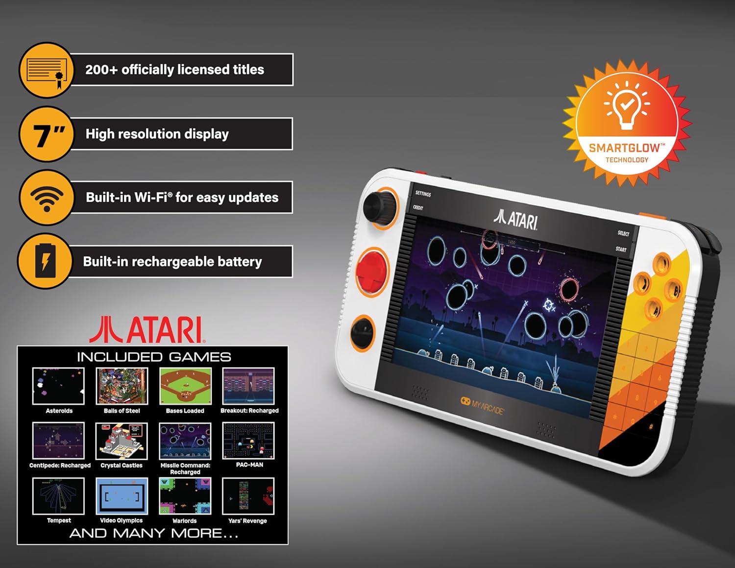 My Arcade Atari Gamestation Go: Rechargeable Battery, Over 200+ Preloaded Retro Video Games Including Pac-Man, Recharged, & Balls of Steel, Wi-Fi, Smartglow, 7 Inch Display