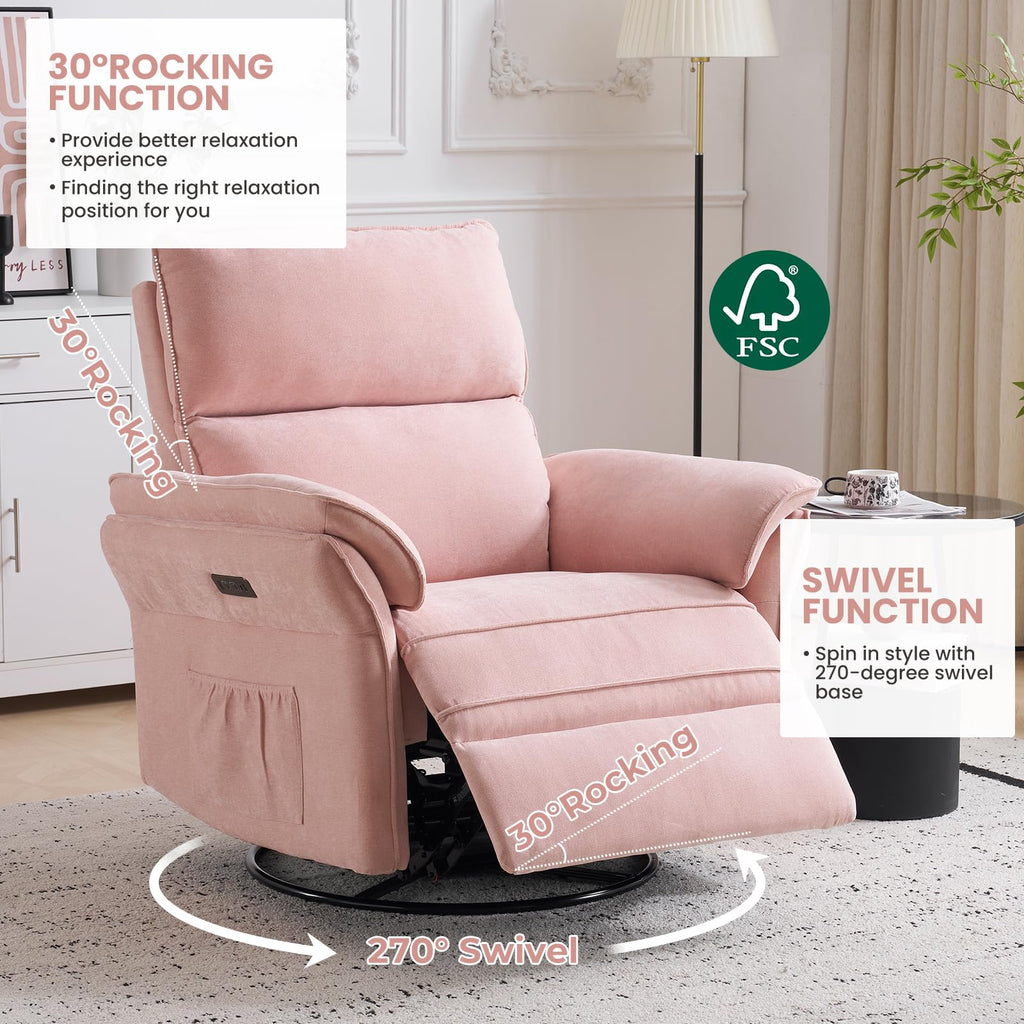 Oversized Rocking Chair Nursery with Massage and Heat, Glider Recliner Nursery Chair with Adjustable Headrest, Power Swivel Rocker Recliner Chair with USB Port, Dark Grey