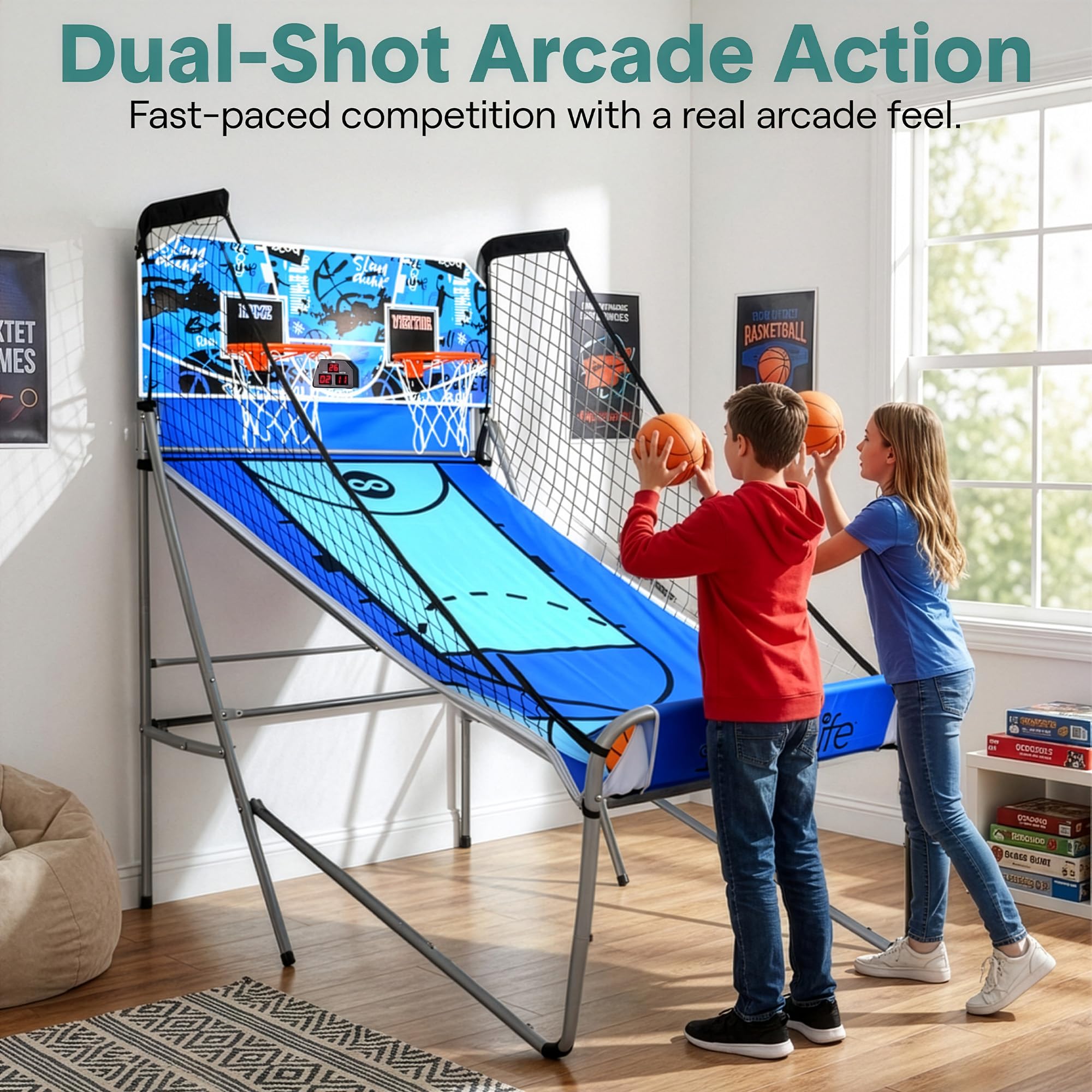 SereneLife Dual Shot Basketball Arcade Game with Electronic Scorer, 8 Game Modes, Indoor Outdoor 2 Player Basketball Shooting Game, Foldable Arcade Set with 5 Balls and Pump