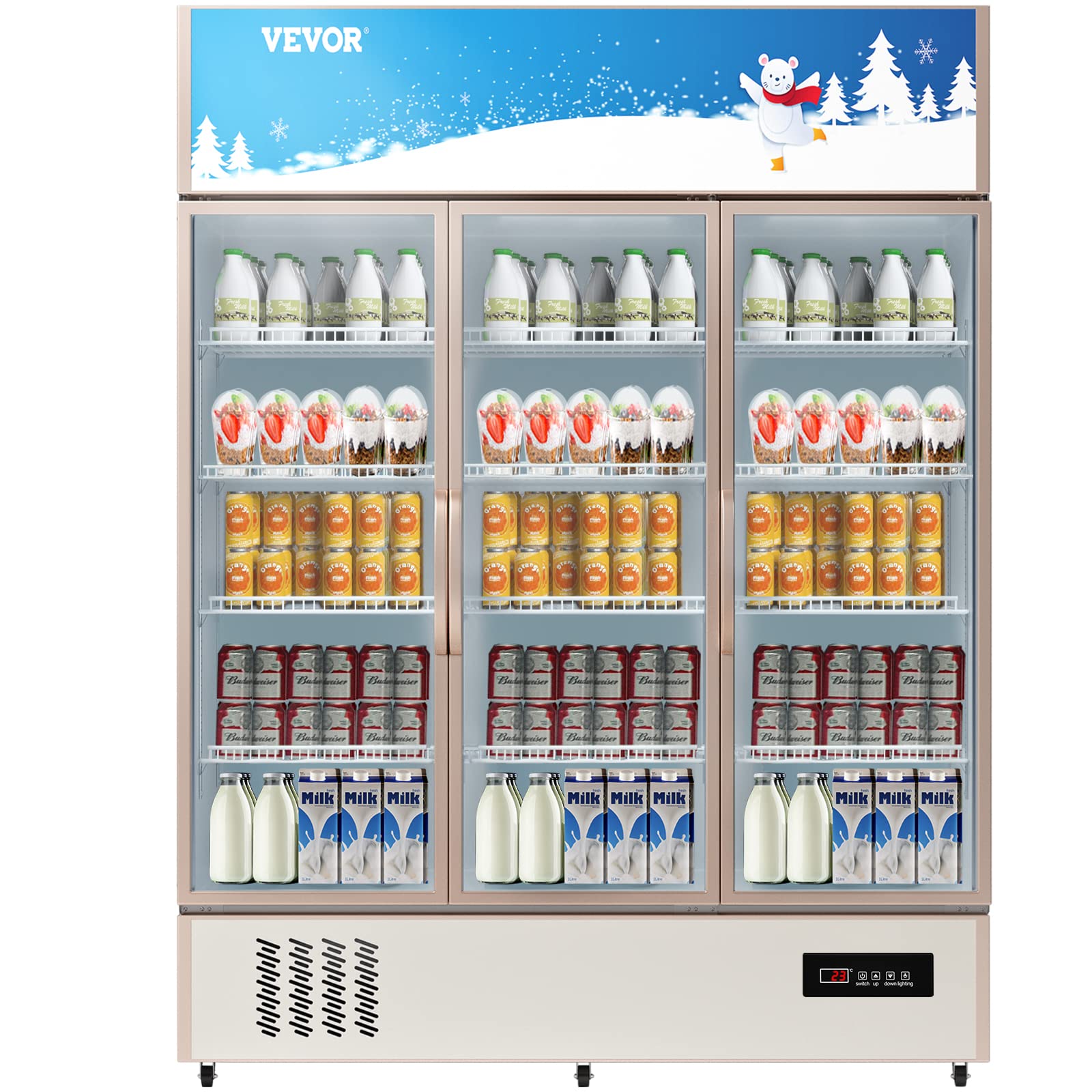 VEVOR Commercial Merchandiser Refrigerator 2 Glass Doors, 23 Cubic Ft, Upright Display Beverage Cooler 79" Tall x 39.4" Width, Fridge with LED Lighting for Drink Wine Soda, Gold