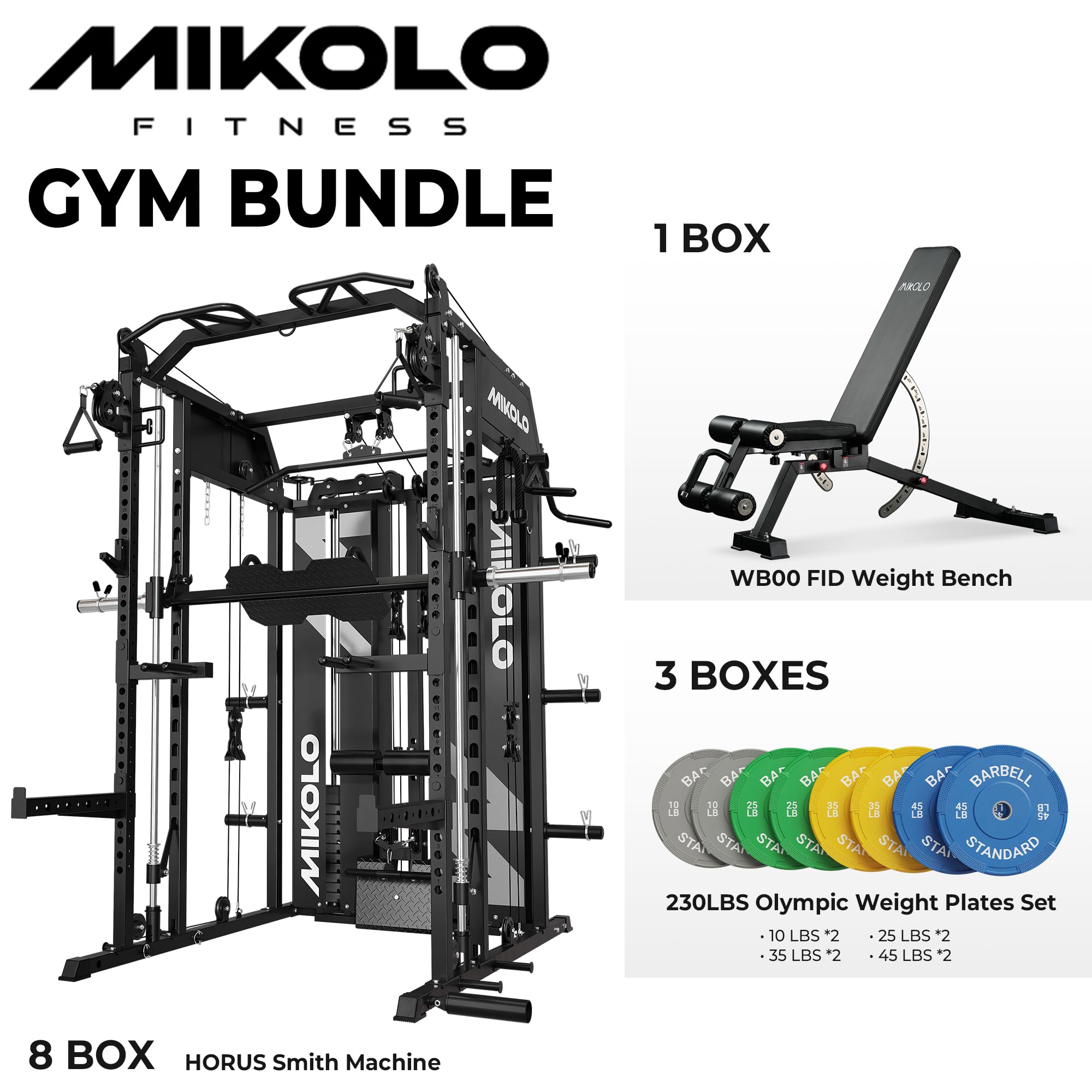 Mikolo Smith Machine with Weight Stack, Power Cage Home Gym System with LAT Pulldown & Cable Crossover, Multi-Functional Trainer with Dual Pulley System, Includes 10+ Free Attachments