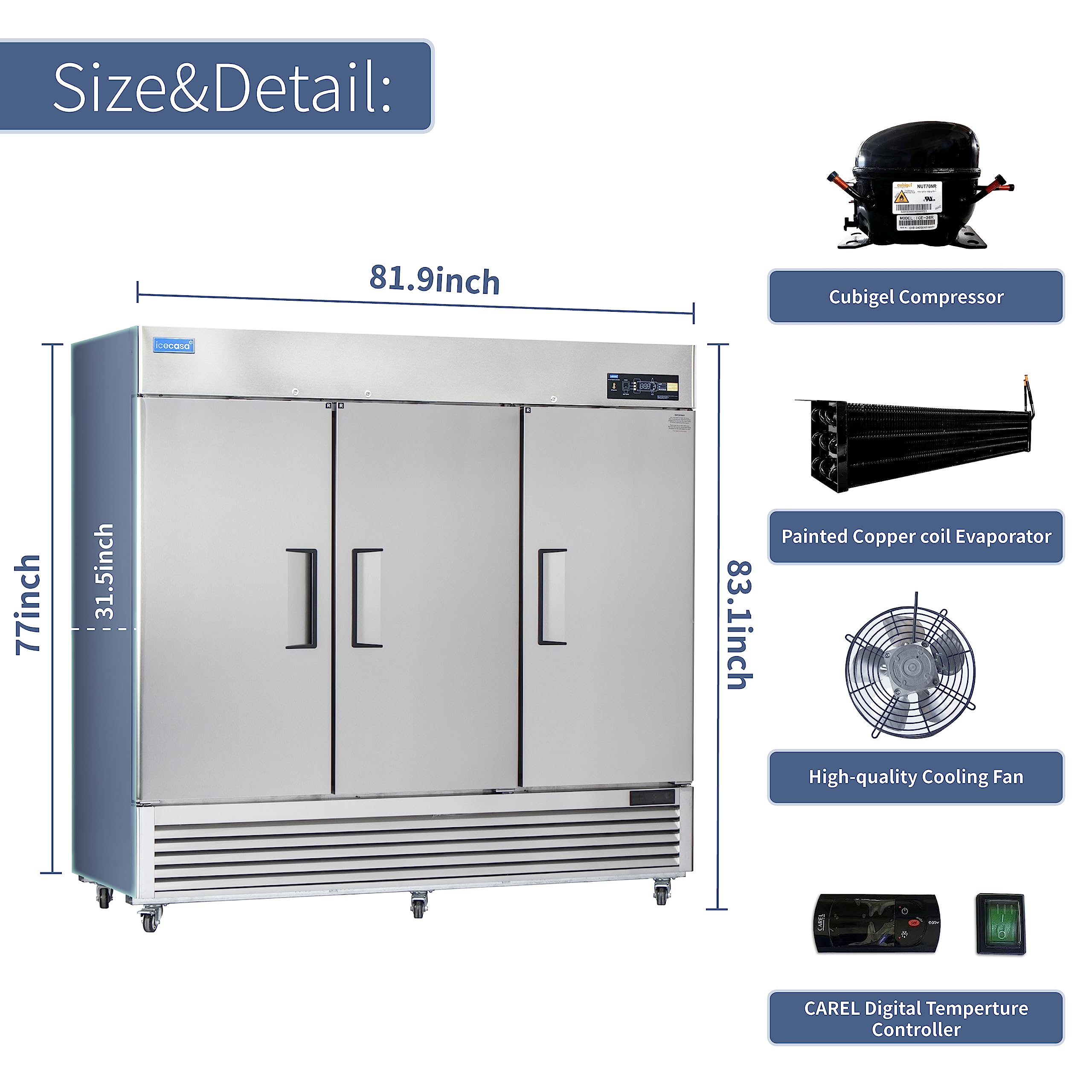 ICECASA 48" W Commercial Refrigerator Reach-in 36 Cu.ft 2 Solid Door Stainless Steel Commercial Refrigerator Fan Cooling for Restuarant, Bar, Shop, etc