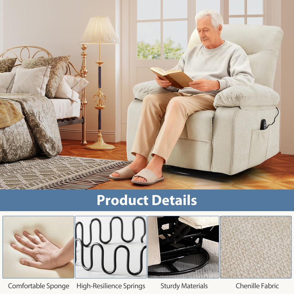 DUMOS Rocker Recliner Chair, Swivel Recliner with Vibration Massage & Lumbar Heating, 270° Rotating Chenille Fabric Recliner with footrest for Living Room & Bedroom, Grey