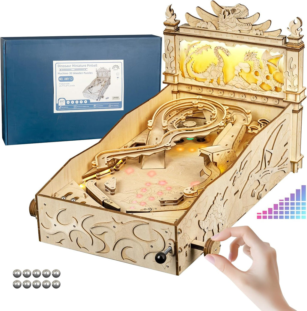 WodGod 3D Wooden Dinosaur Pinball Machine DIY Kit for Adults & Teens - Tabletop Arcade Game with LED Lights & Sound Effects, STEM Building Model, Creative Gift for Ages 14+