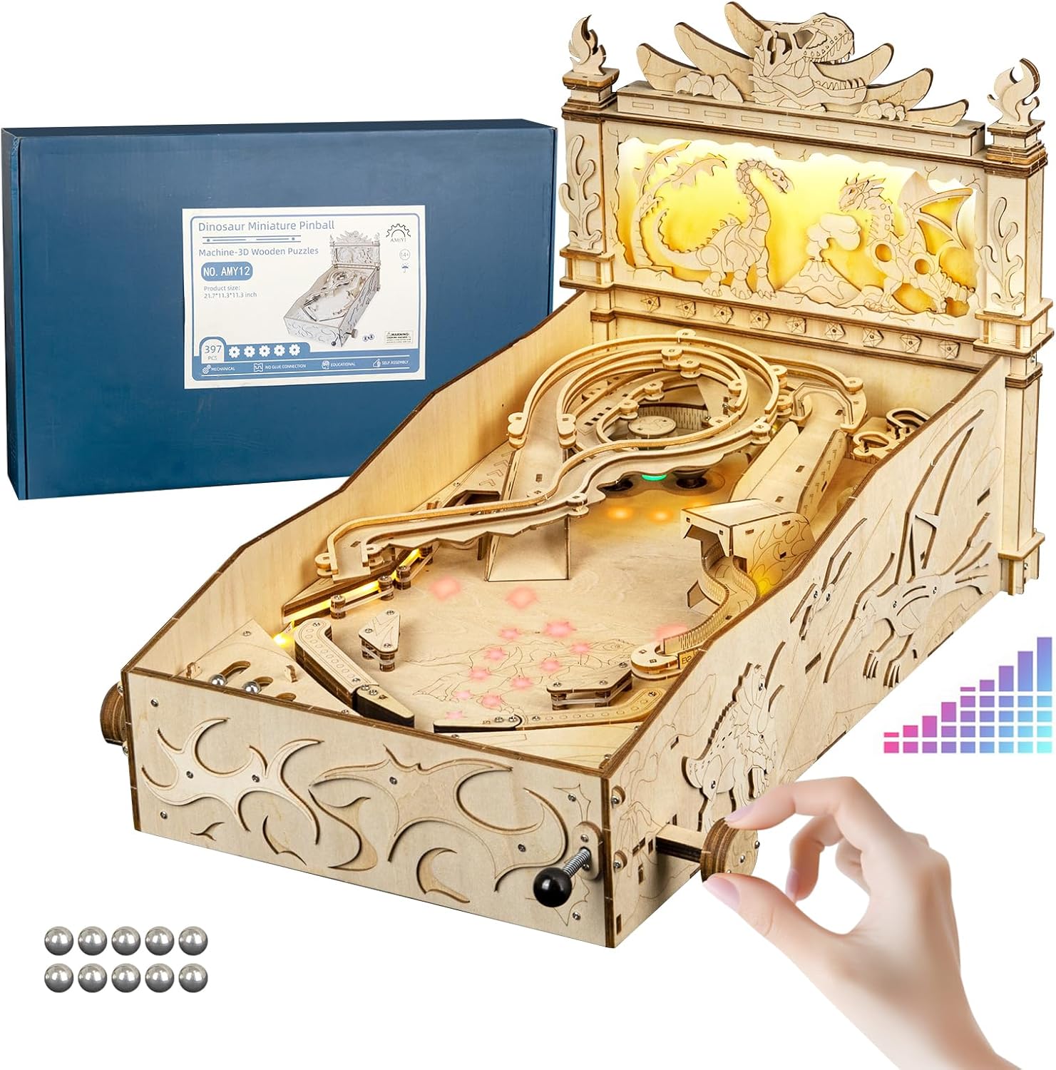 WodGod 3D Wooden Dinosaur Pinball Machine DIY Kit for Adults & Teens - Tabletop Arcade Game with LED Lights & Sound Effects, STEM Building Model, Creative Gift for Ages 14+