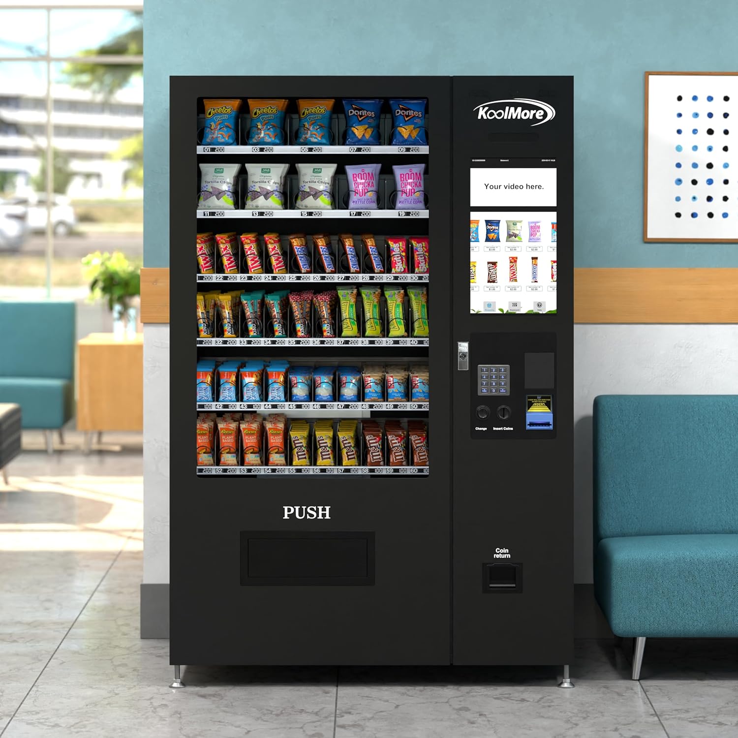KoolMore Non-Refrigerated Snack Vending Machine with 60 Slots, Coin and Bill Acceptor, and 22 Inch Touch Screen in Black (KM-VMNT-50-BC)