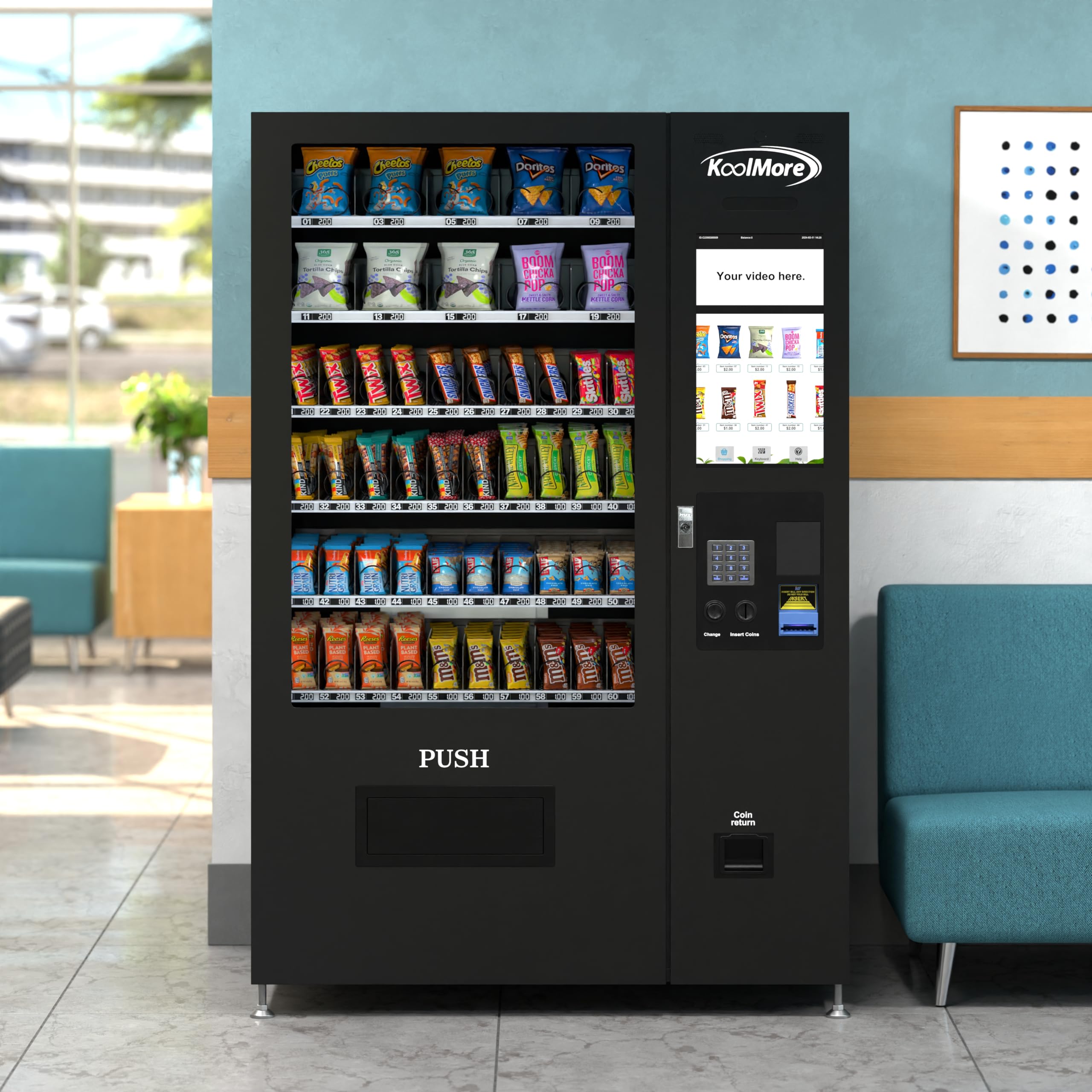 KoolMore Refrigerated Snack Vending Machine with 36 Slots Featuring a Credit Card Reader and Coin/Bill Acceptor in Black (KM-VMR-30-BCR)