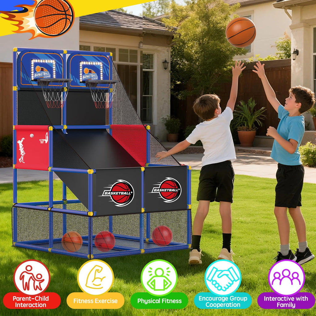 Upgrade Dual Basketball Arcade Game Kids Basketball Hoop with Electronic Scoreboard LED Light 6 Balls Indoor Outdoor Sports Toys Gifts for Boys Girls Ages 3-8 (Red)