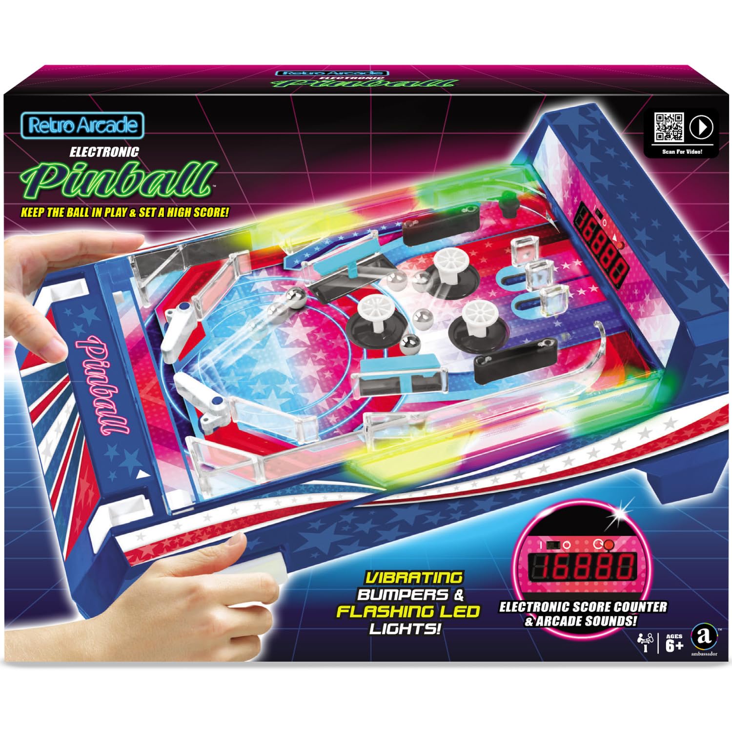 Merchant Ambassador Retro Arcade Electronic: Pinball - Tabletop Game, Vibrating Bumpers, LED Lights, Sound Effects, 1 Player, Ages 6+