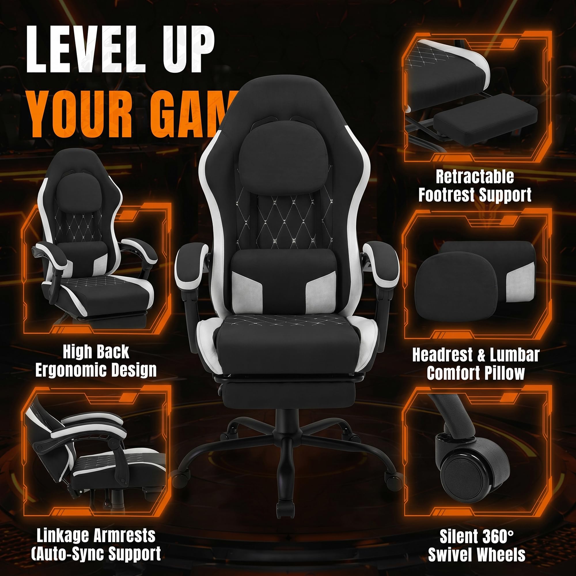 Shintenchi Big and Tall Gaming Chair Fabric Pocket Spring Cushion,High Back Recliner with Footrest and Headrest for Adults, Massage Lumbar Support for Home Office, Ergonomic Computer Desk Chair, Blue