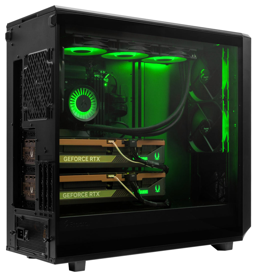 MES2X Dual GPU AI Workstation - AMD Ryzen 9-9950X3D2 16 core 4.3GHz - Dual GPU GeForce RTX 5090-8TB (2x4TB RAID) NVMe SSD - 256GB DDR5-1600W - Windows 11 Pro - Liquid Cooled