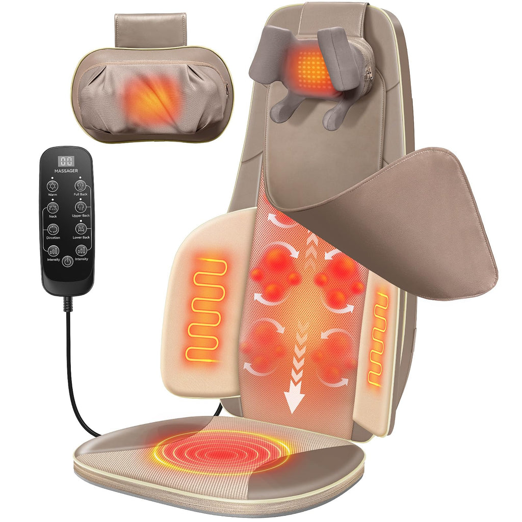 Shiatsu Neck and Back Massager for Chair with Heat, 2 Interchangeable Attachments Full Back Massage Pad Deep Tissue, Adjustable Height 3-Level Intensity for Office Home, Masajeador de Espalda, Khaki