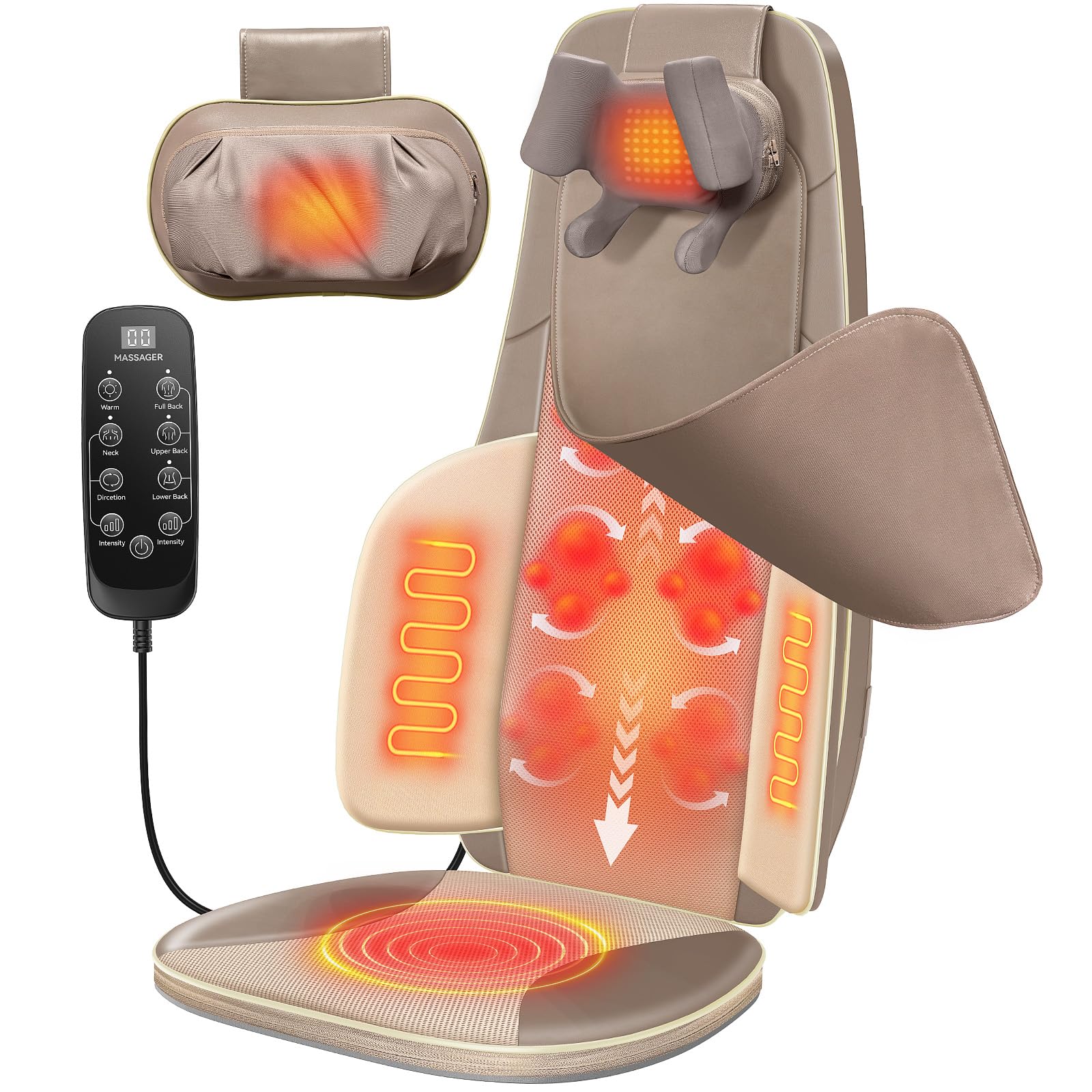Shiatsu Neck and Back Massager for Chair with Heat, 2 Interchangeable Attachments Full Back Massage Pad Deep Tissue, Adjustable Height 3-Level Intensity for Office Home, Masajeador de Espalda, Khaki