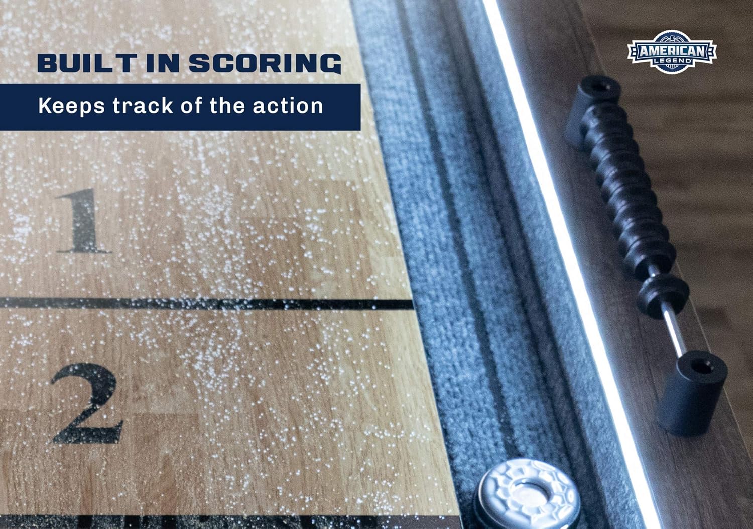 American Legend Kirkwood 9’ Shuffleboard Table with LED Rails, Bowling Game Set, Rustic Wood Finish & Accessories Included