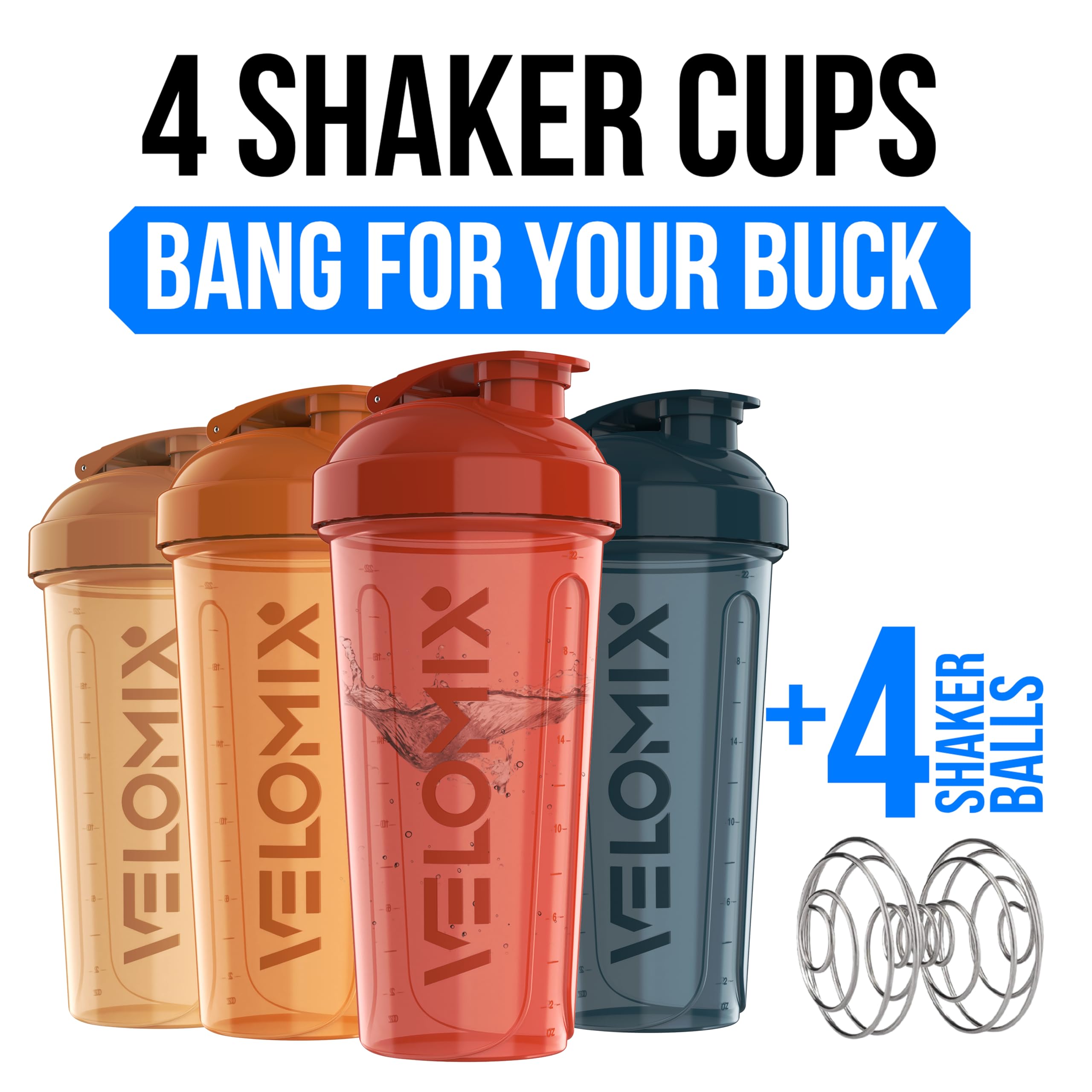VELOMIX -4 PACK- 28 oz Protein Shaker Bottle for Protein Mixes - 4x Wire Whisk | Leak Proof Shaker Cups for Protein Shakes | Protein Shaker Bottle Pack | Protein Shake Cup (NeoCool Pack)