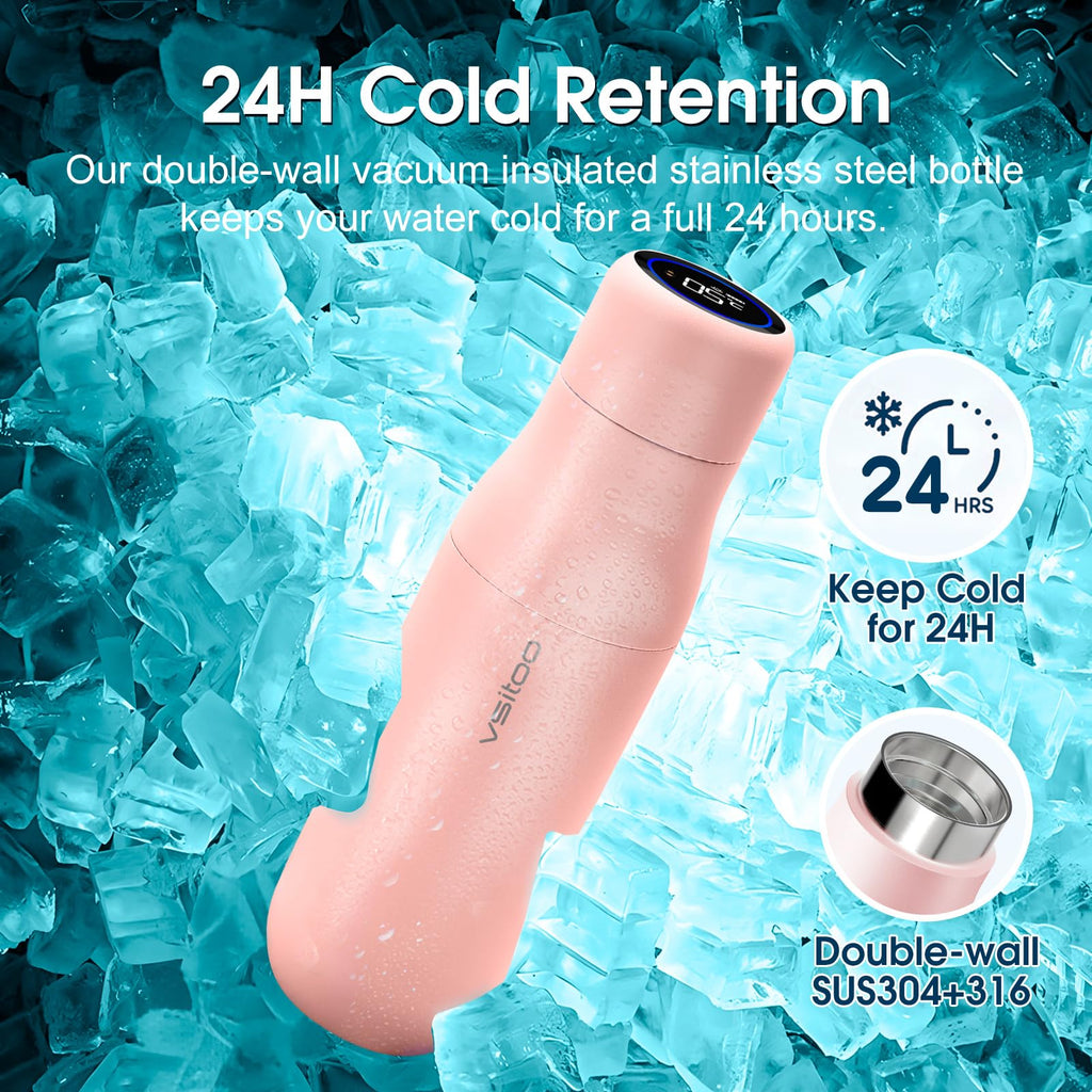 VSITOO 15oz Mini Smart Water Bottle，Self-Cleaning Insulated Bottle, Small Thermoses with AI, App & Touchscreen, Perfect Purse Water Bottle for Travel, Gym & Office, Pink