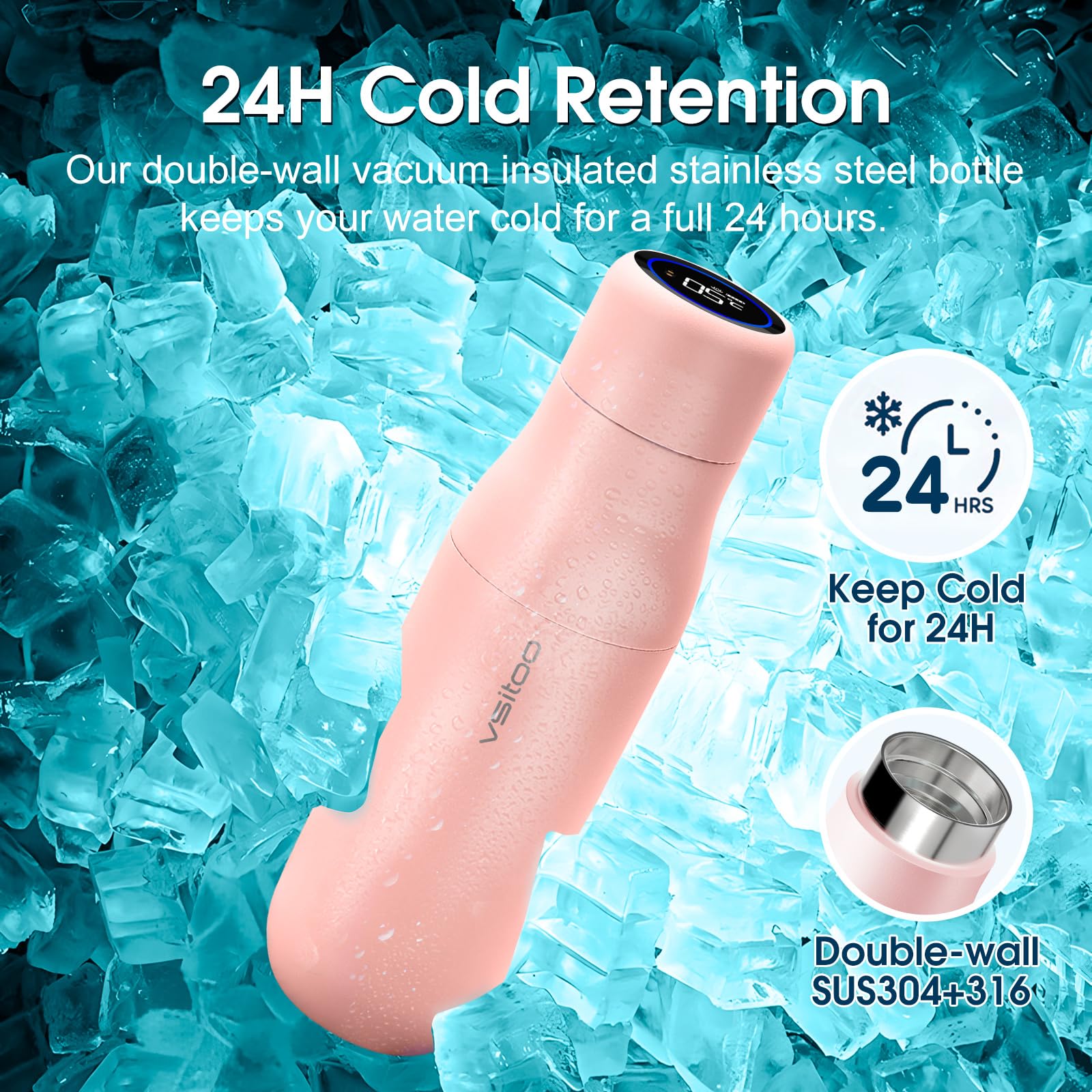 VSITOO 15oz Mini Smart Water Bottle，Self-Cleaning Insulated Bottle, Small Thermoses with AI, App & Touchscreen, Perfect Purse Water Bottle for Travel, Gym & Office, Pink