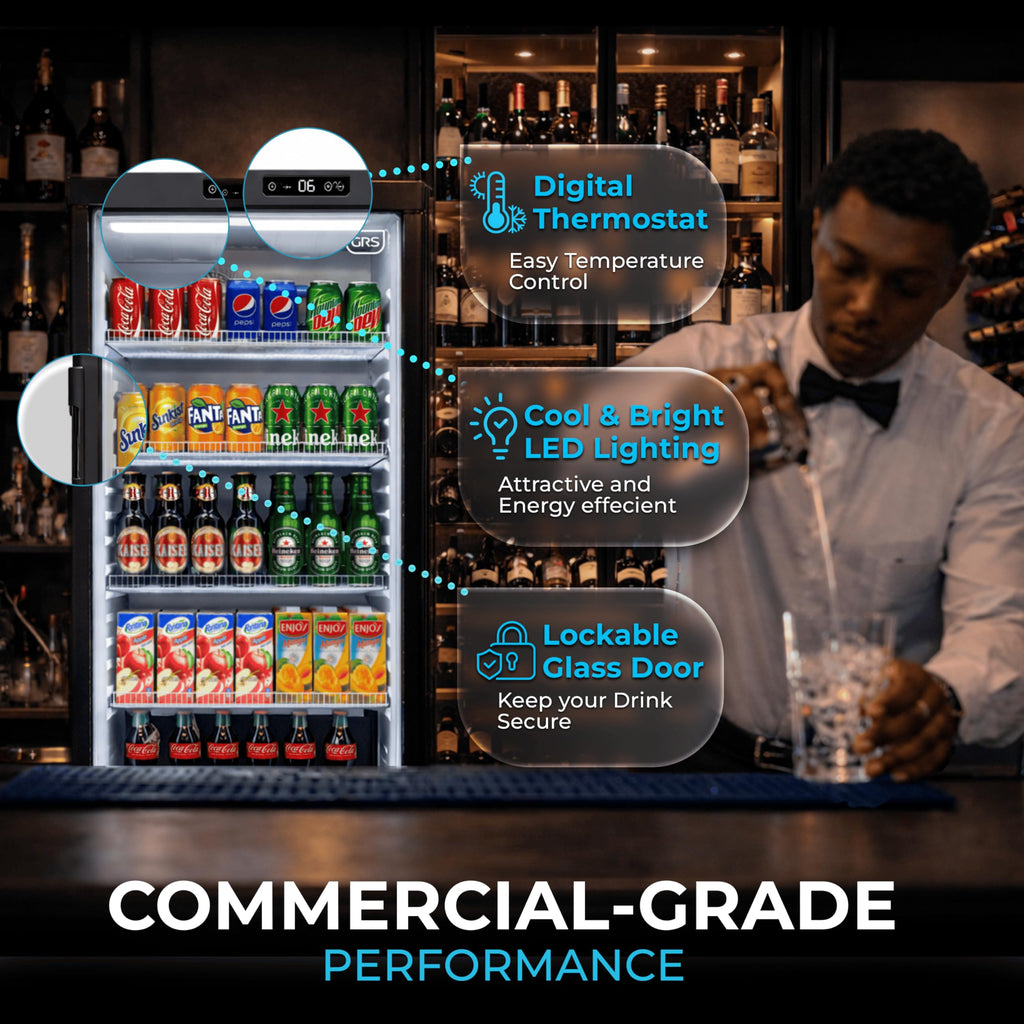 GRS Commercial Display Refrigerator with Glass Door Lock | Cool Air Flow & Temperature | Beverage fridge, Drink and Wine Cooler with Adjustable Display Shelf for Stores and Bars | Black, 7.1 Cu. Ft