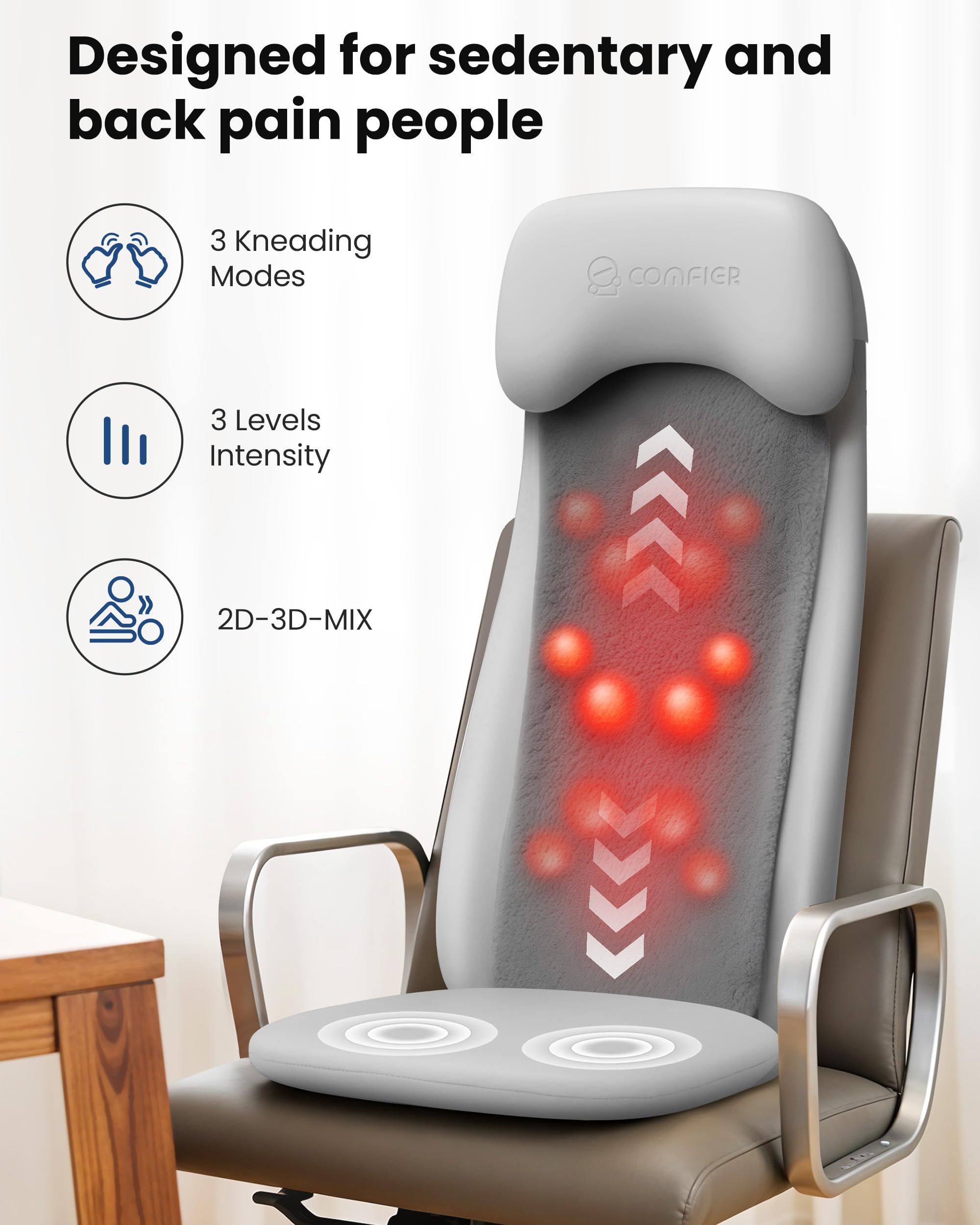 COMFIER Massager Chair with Heat, Shiatsu Neck Back Massager Portable with Compression & Rolling,Massage Chair Pad for Neck & Back for Muscle Tension Relief, Father Day Gift
