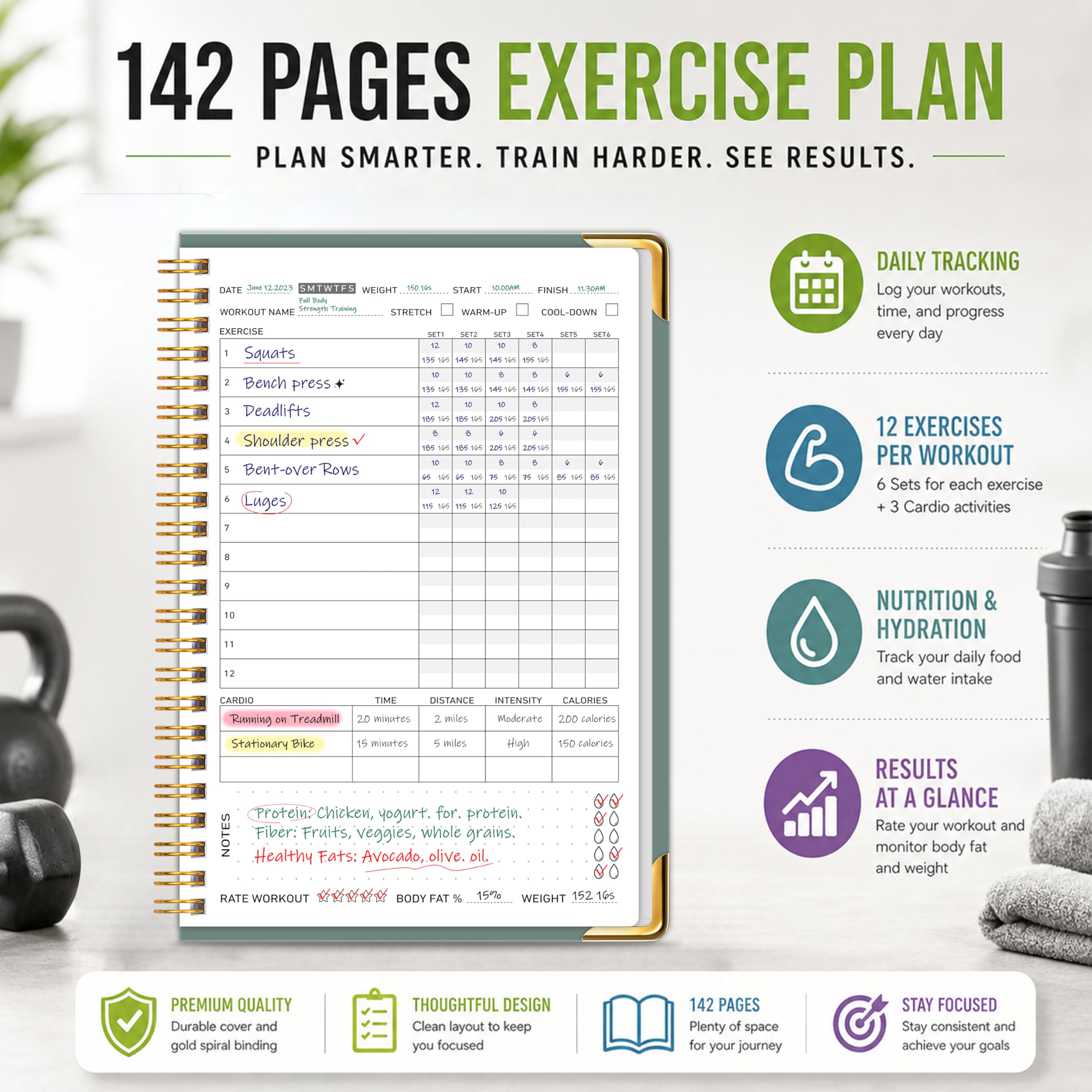 Workout Journal Fitness Tracker Planner for Men & Women, Exercise Log Book to Track Gym & Home Training, Goals, Sets, Reps & Progress, 142 Pages, A5 5.7" x 8.2" Portable Hardcover with Metal Corners, Green