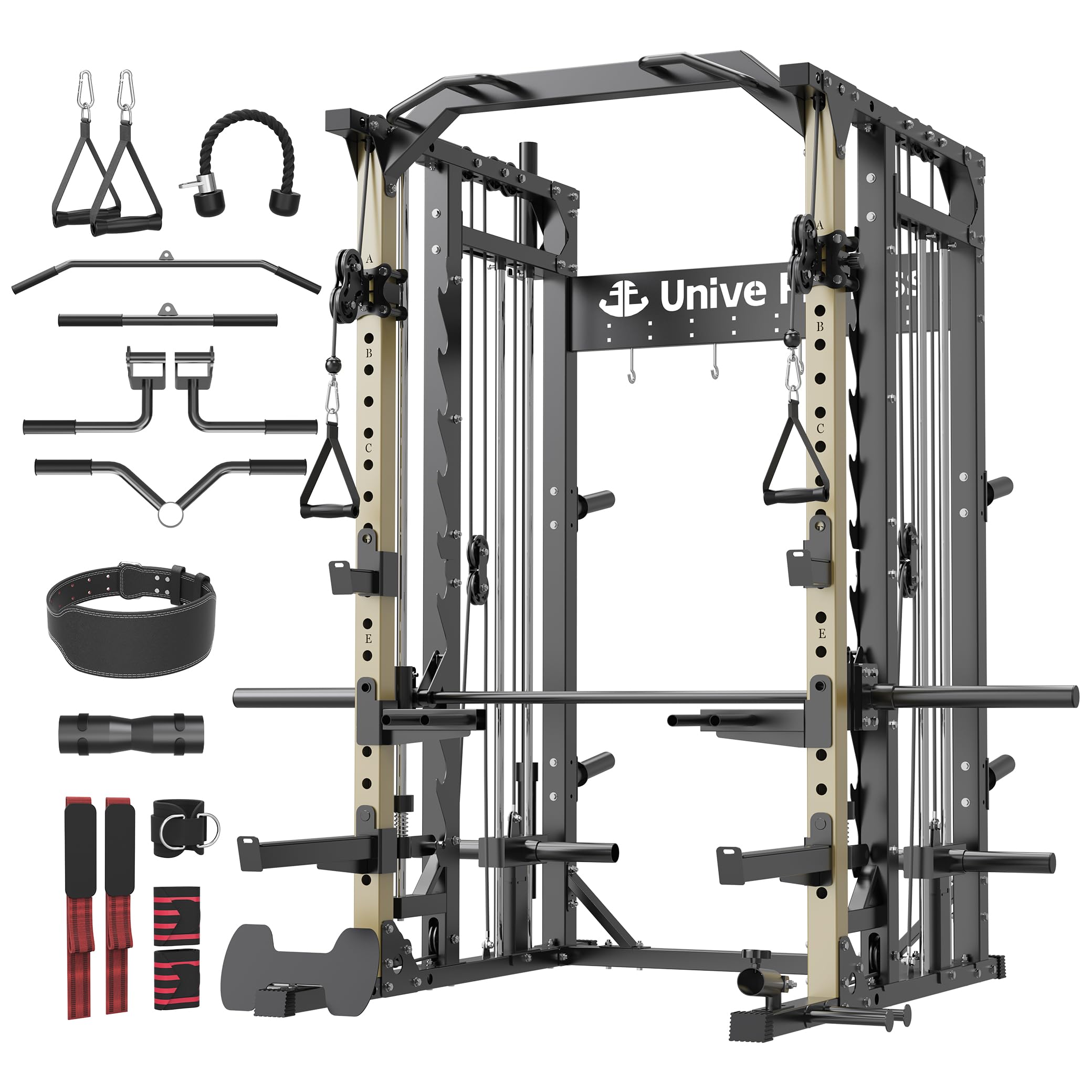 Unive Fitness Smith Machine, Commercial-Grade All-in-One Home Gym Power Cage with Squat Rack, Dual Cable Crossover & Pulley System, Complete Attachments for Full Body Workouts