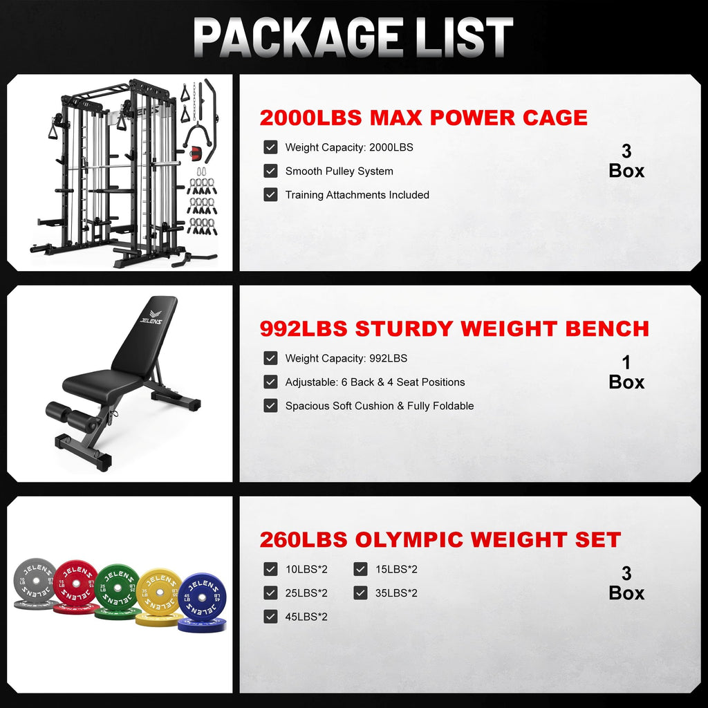 JELENS Smith Machine for Home Gym, Multi-Function M12 Power Cage with Cable Crossover System, Squat Rack with Smith Bar and More Attachment