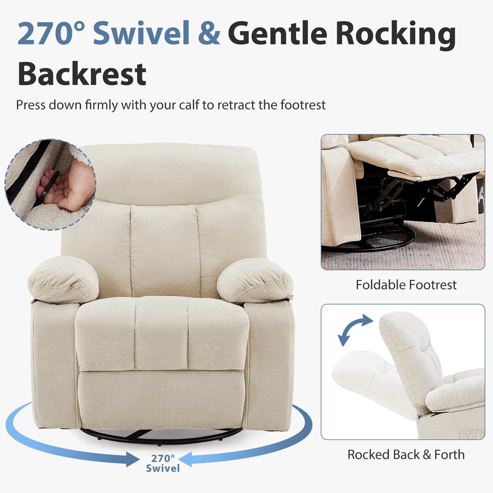 DUMOS Rocker Recliner Chair, Swivel Recliner with Vibration Massage & Lumbar Heating, 270° Rotating Chenille Fabric Recliner with footrest for Living Room & Bedroom, Grey