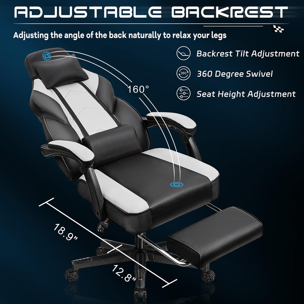 Gaming Chair for Adult, Computer Chair with Footrest Video Game Chair Big and Tall Gaming Chair with Massage Lumbar Support, Adjustable Height and 360° Swivel Seat(Grey)