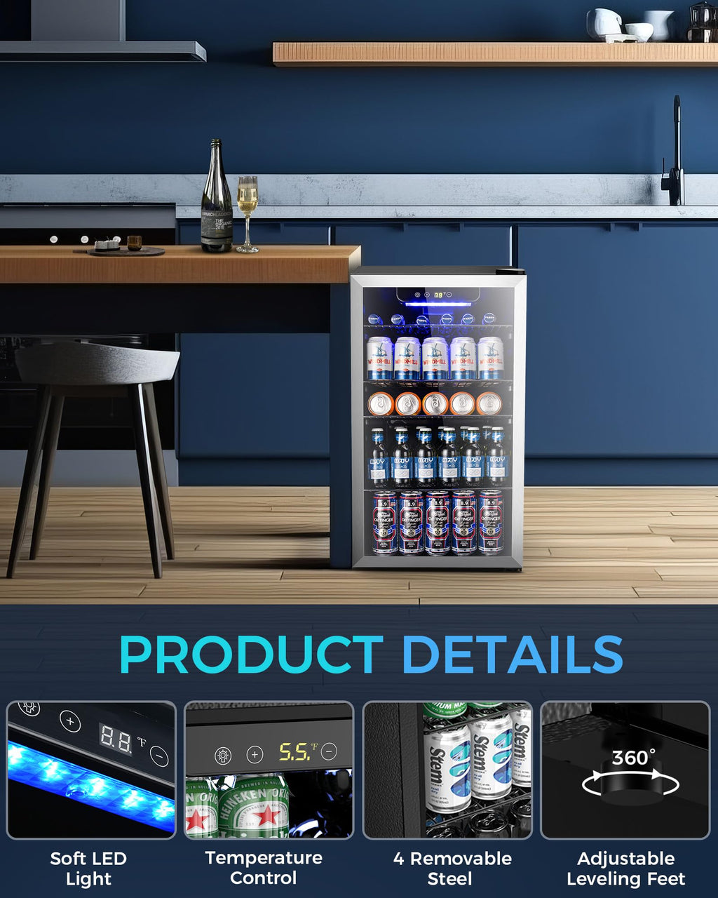 Electactic 50 Cans Beverage Refrigerator Cooler, 1.3 Cu.ft Mini Fridge Countertop Drink Cooler with Glass Door for Beer, Soda,Wine, Adjustable Digital Temperature Control for Home Dorm Bar, Black
