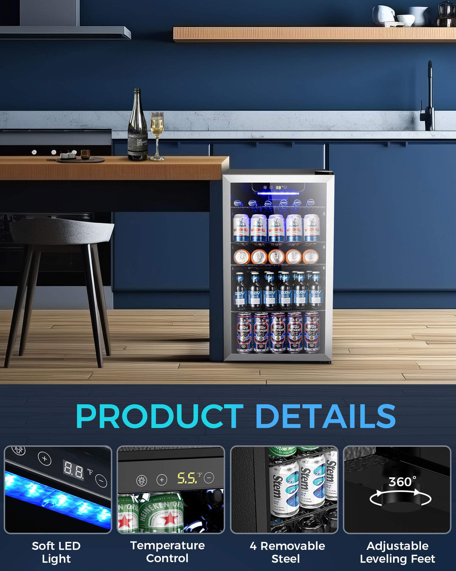 Electactic 50 Cans Beverage Refrigerator Cooler, 1.3 Cu.ft Mini Fridge Countertop Drink Cooler with Glass Door for Beer, Soda,Wine, Adjustable Digital Temperature Control for Home Dorm Bar, Black