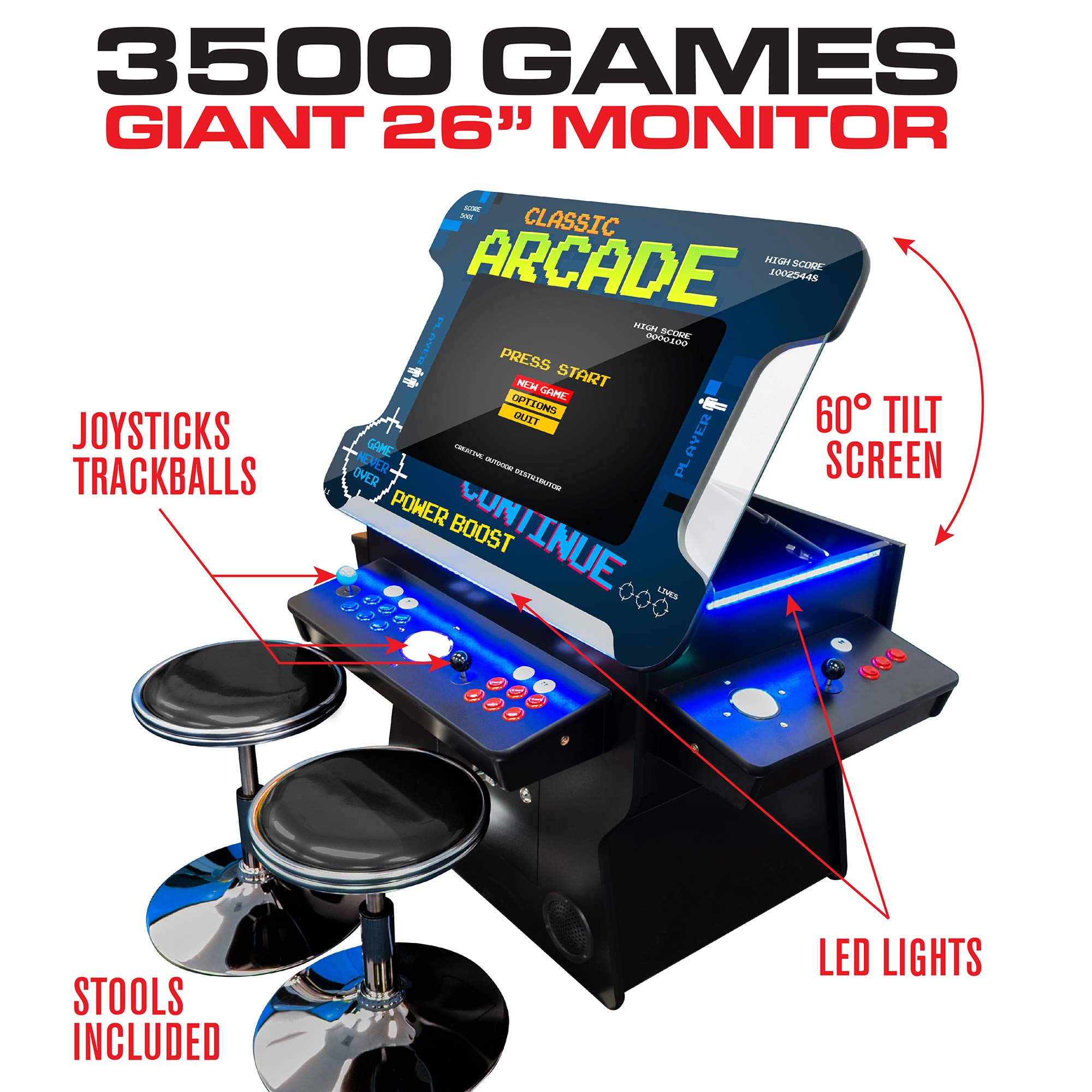 Creative Arcades Full Size Commercial Grade Cocktail Arcade Machine w/Lifting Screen | Trackball | Three-Sided | 4 Sanwa Joysticks | 2 Stools (4500 Games & 32" Screen & Woodgrain Edition)